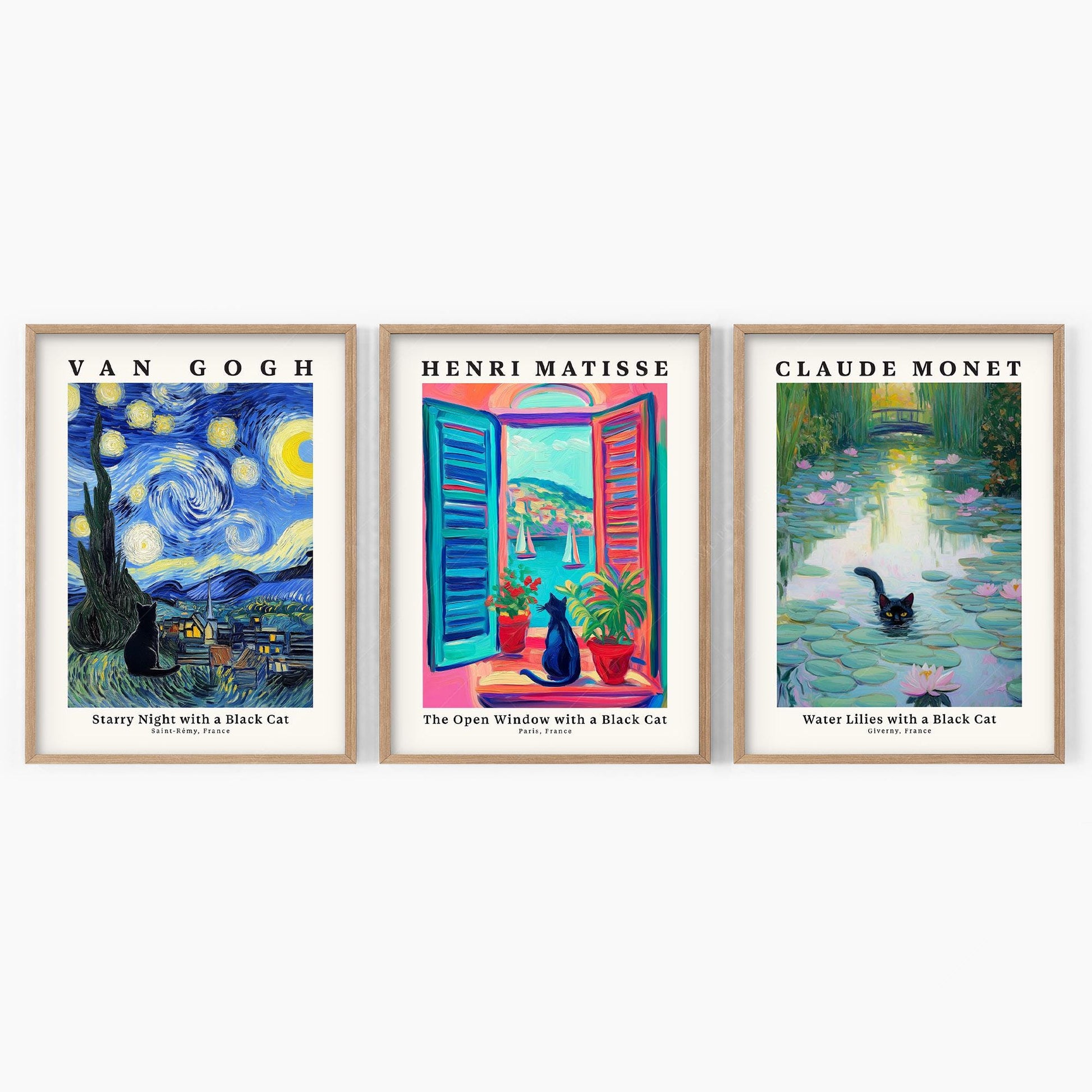 Black Cat Art Print Set – Van Gogh Matisse Monet – gallery wall art poster