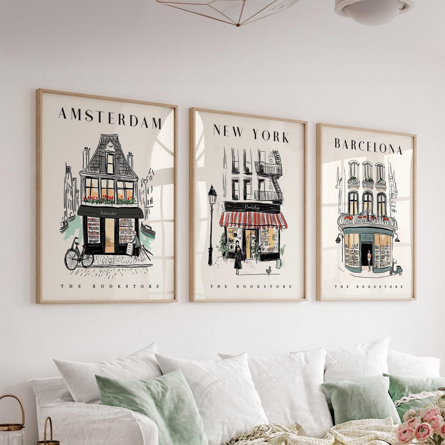 Bookstore Art Print Set – NYC Barcelona Amsterdam – fine art print wall decor