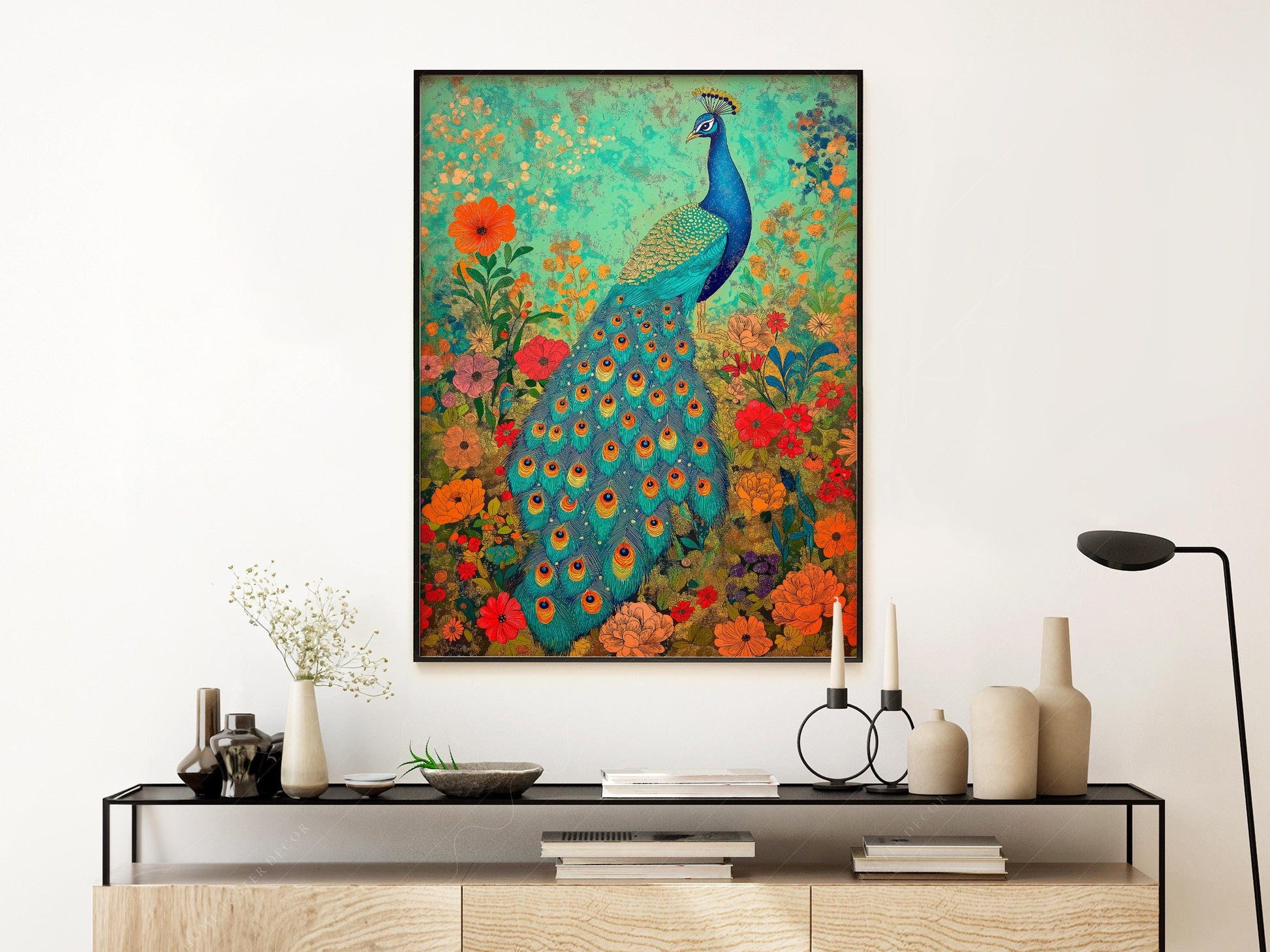 Colorful Peacock Garden Art Print – Vibrant Floral – children's room art print
