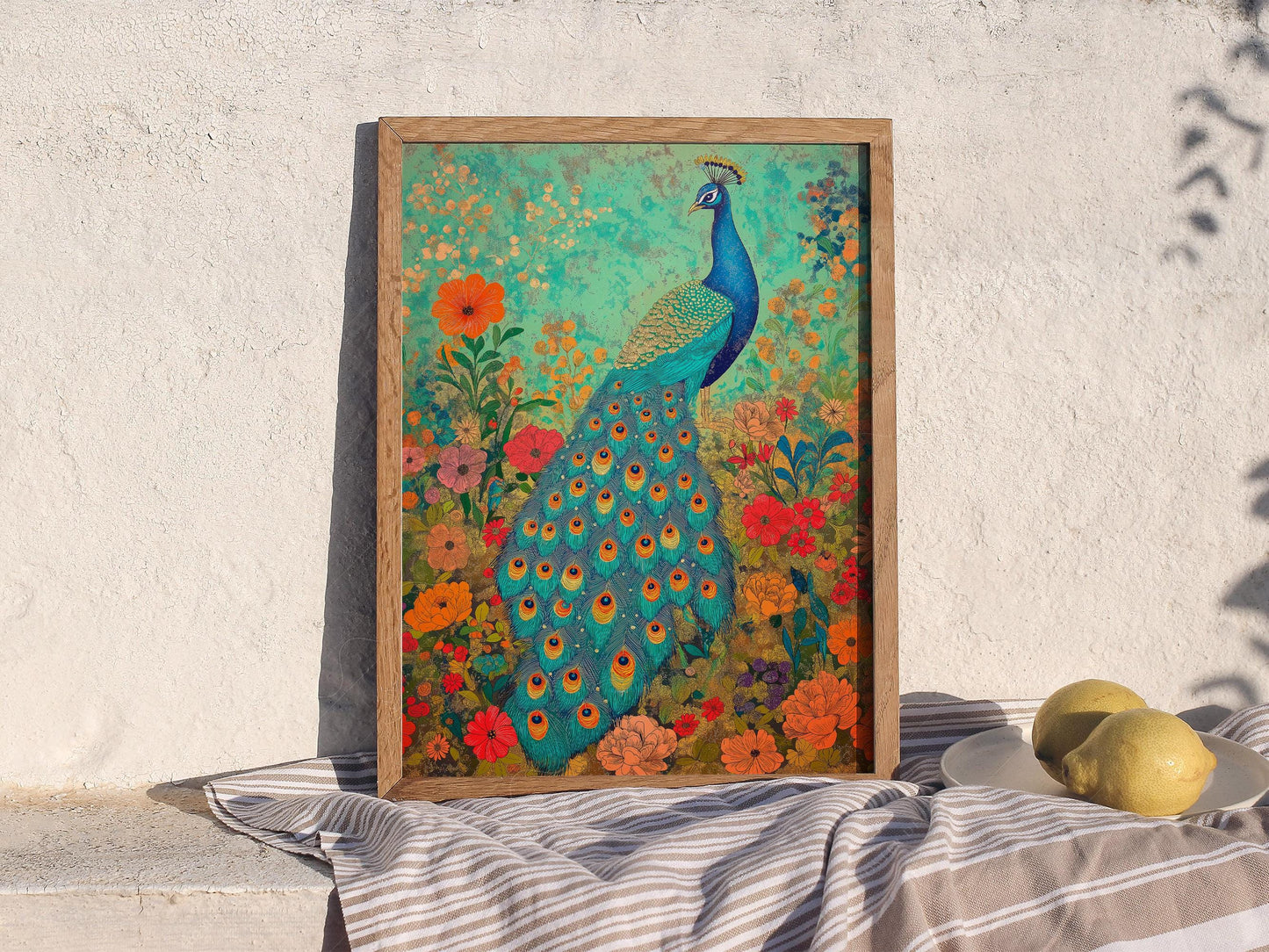 Colorful Peacock Garden Art Print – Vibrant Floral – playful nursery poster print