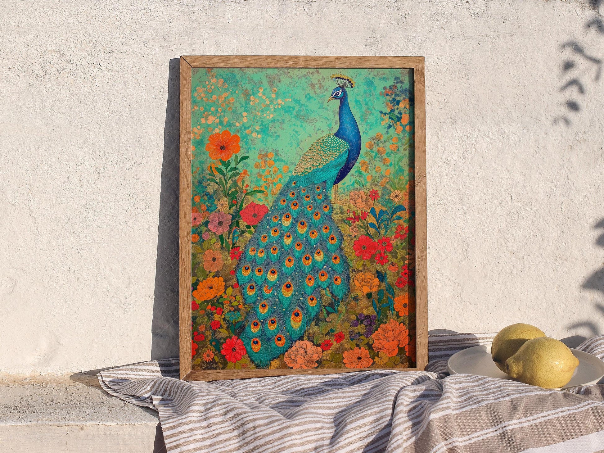 Colorful Peacock Garden Art Print – Vibrant Floral – playful nursery poster print