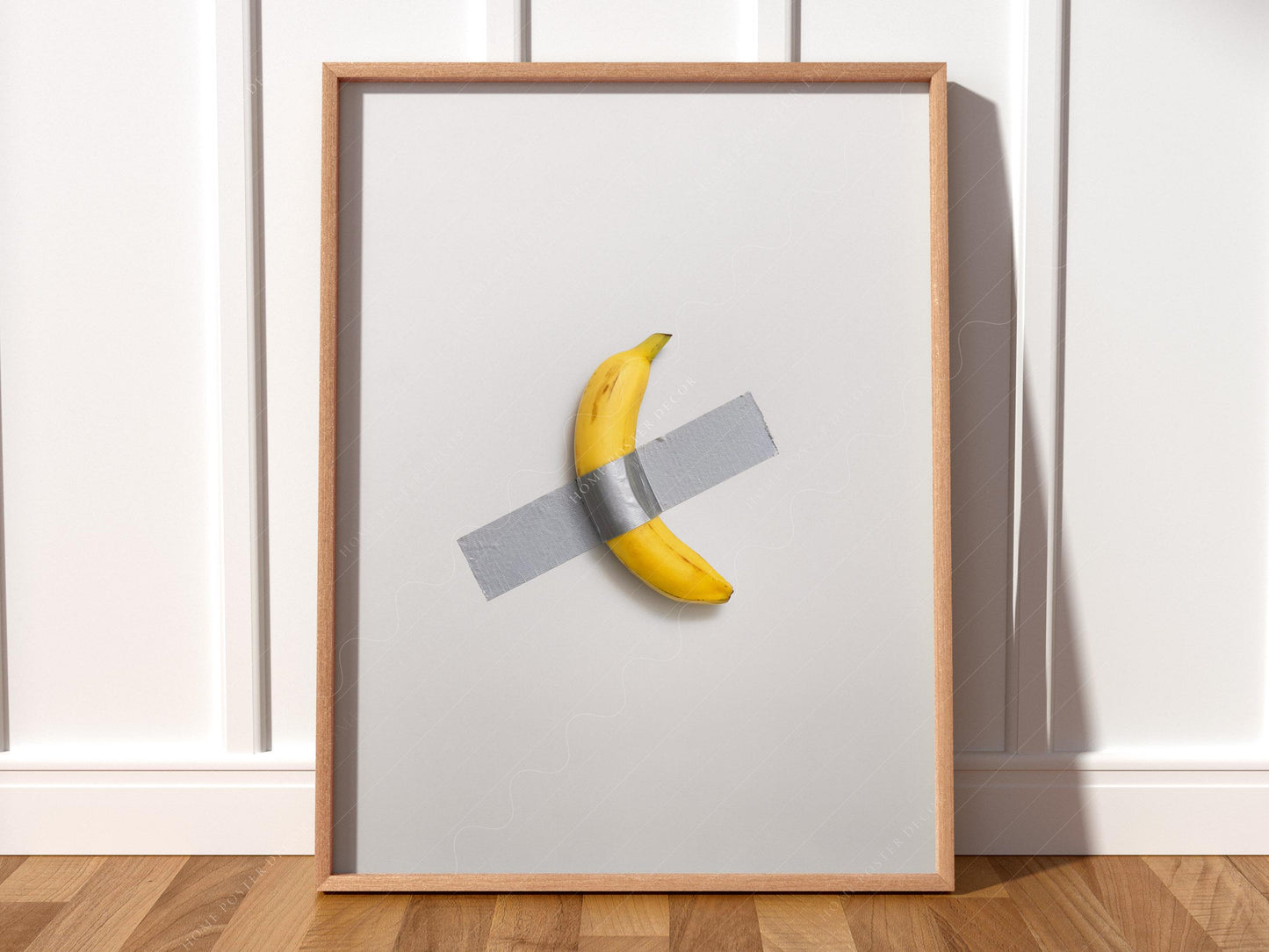 Banana duct taped to wall conceptual art print, iconic contemporary wall art poster.