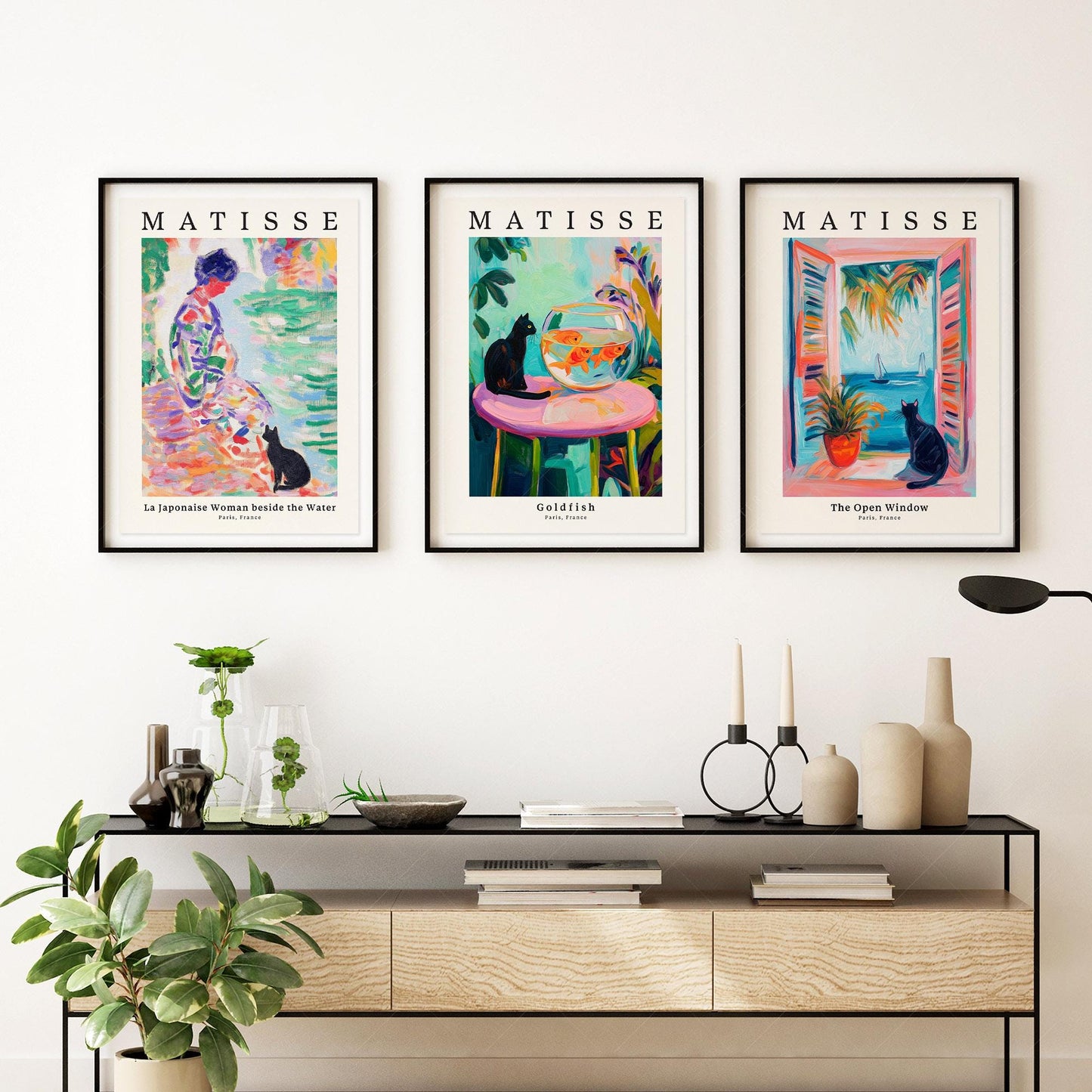 Matisse Black Cat Art Print Set of 3 – Colorful Wall – art poster for living room