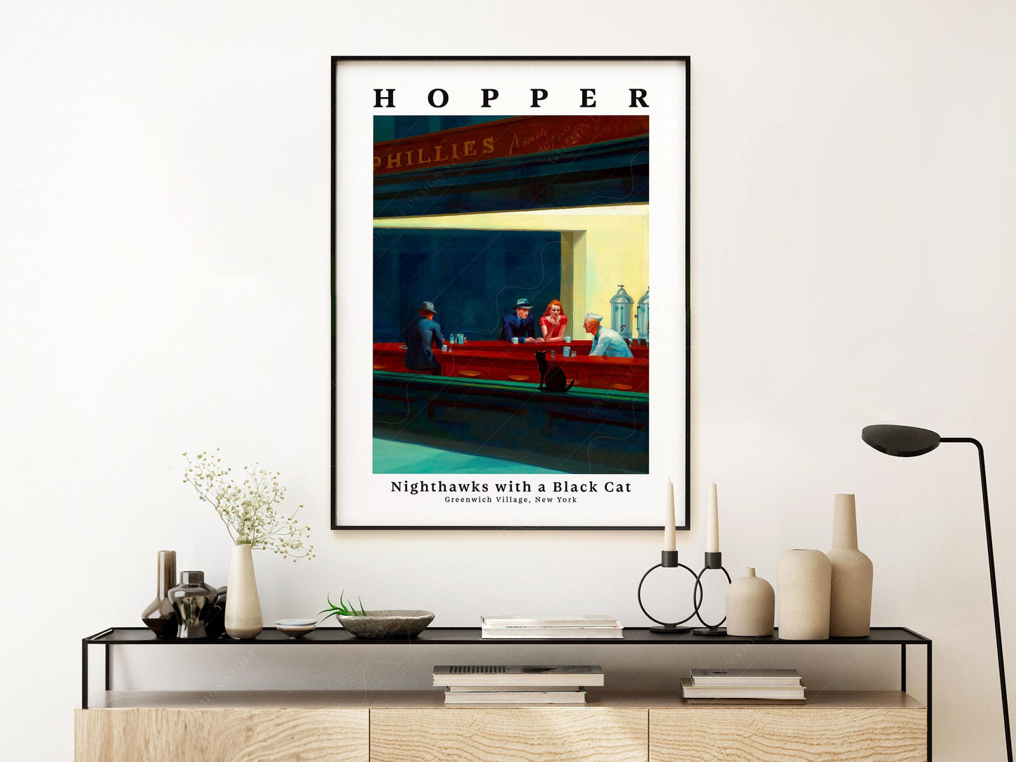Edward Hopper Nighthawks with Black Cat Print – Funny – fine art print wall decor