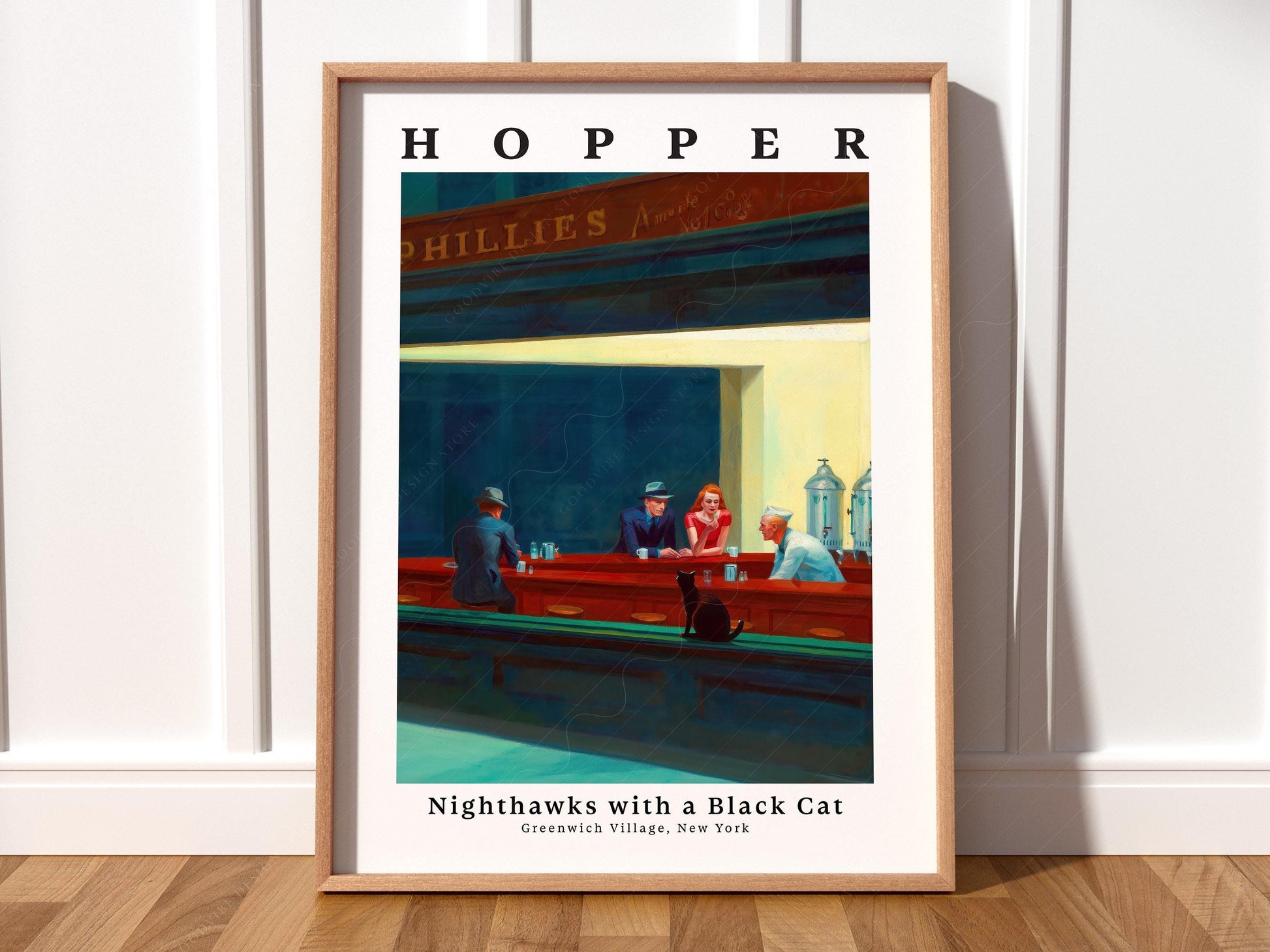 Edward Hopper Nighthawks parody art print featuring a black cat sitting at the late-night diner counter.