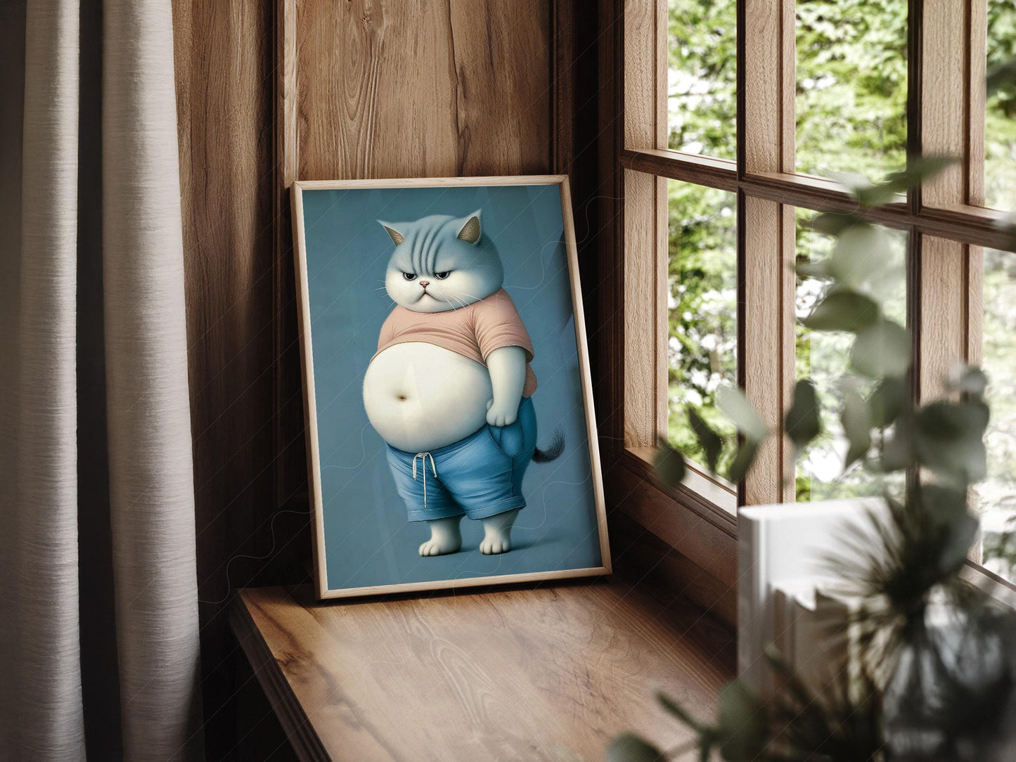 Grumpy Chubby Cat Art Print – Funny Pet Portrait – gallery wall art poster