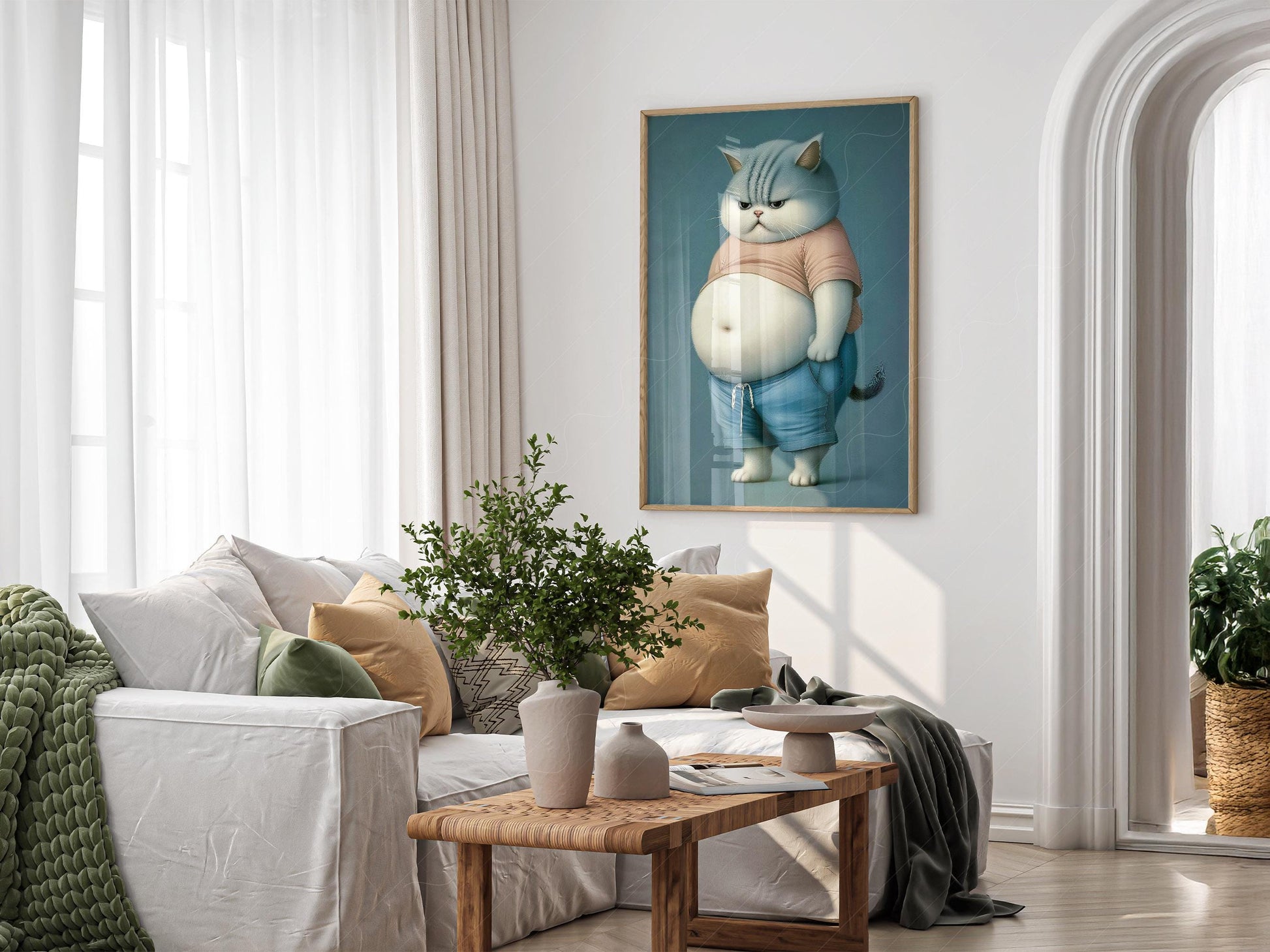 Grumpy Chubby Cat Art Print – Funny Pet Portrait – archival paper art print