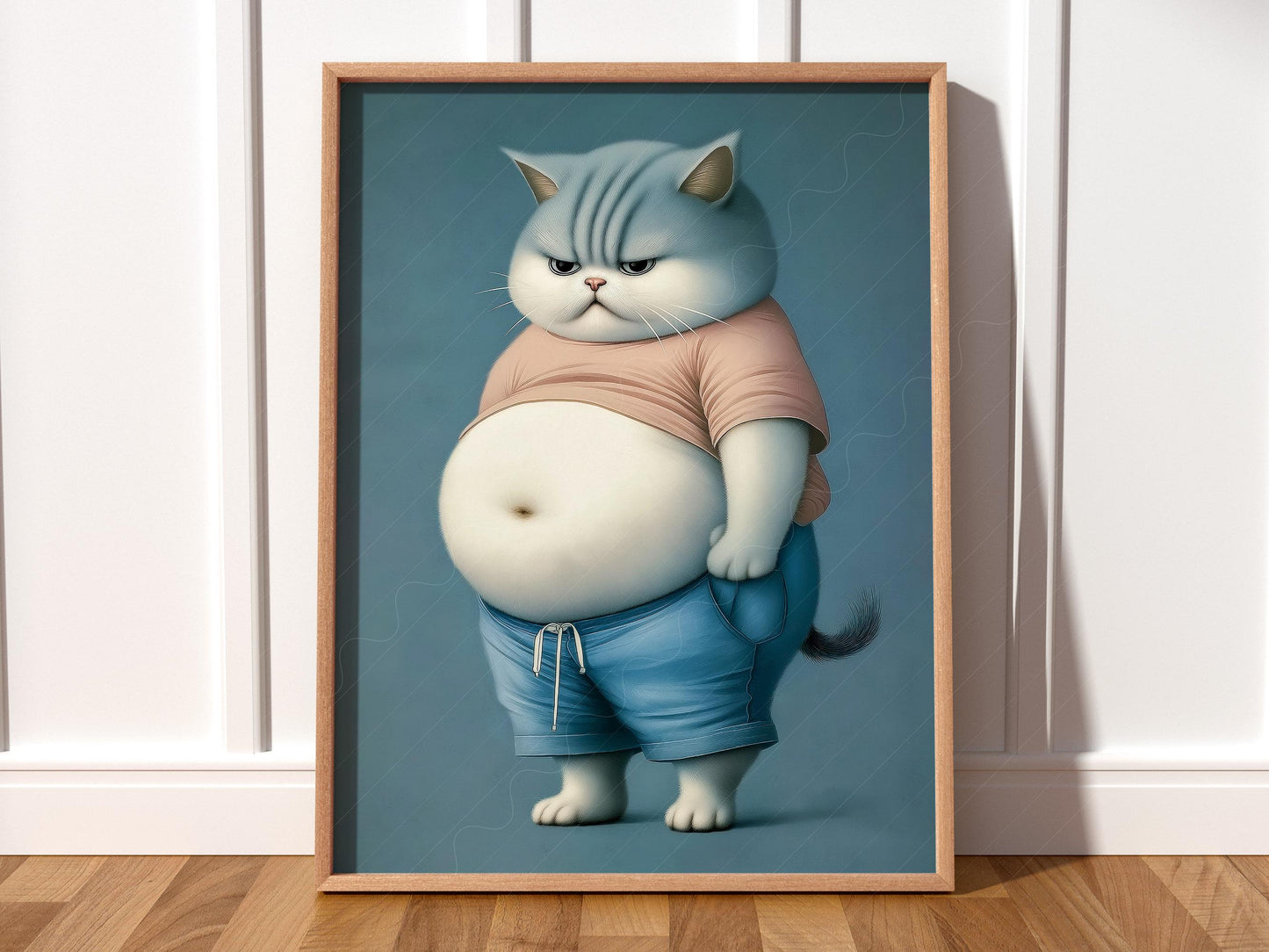 Grumpy chubby cat in pink crop top and blue shorts whimsical pet portrait wall art print.