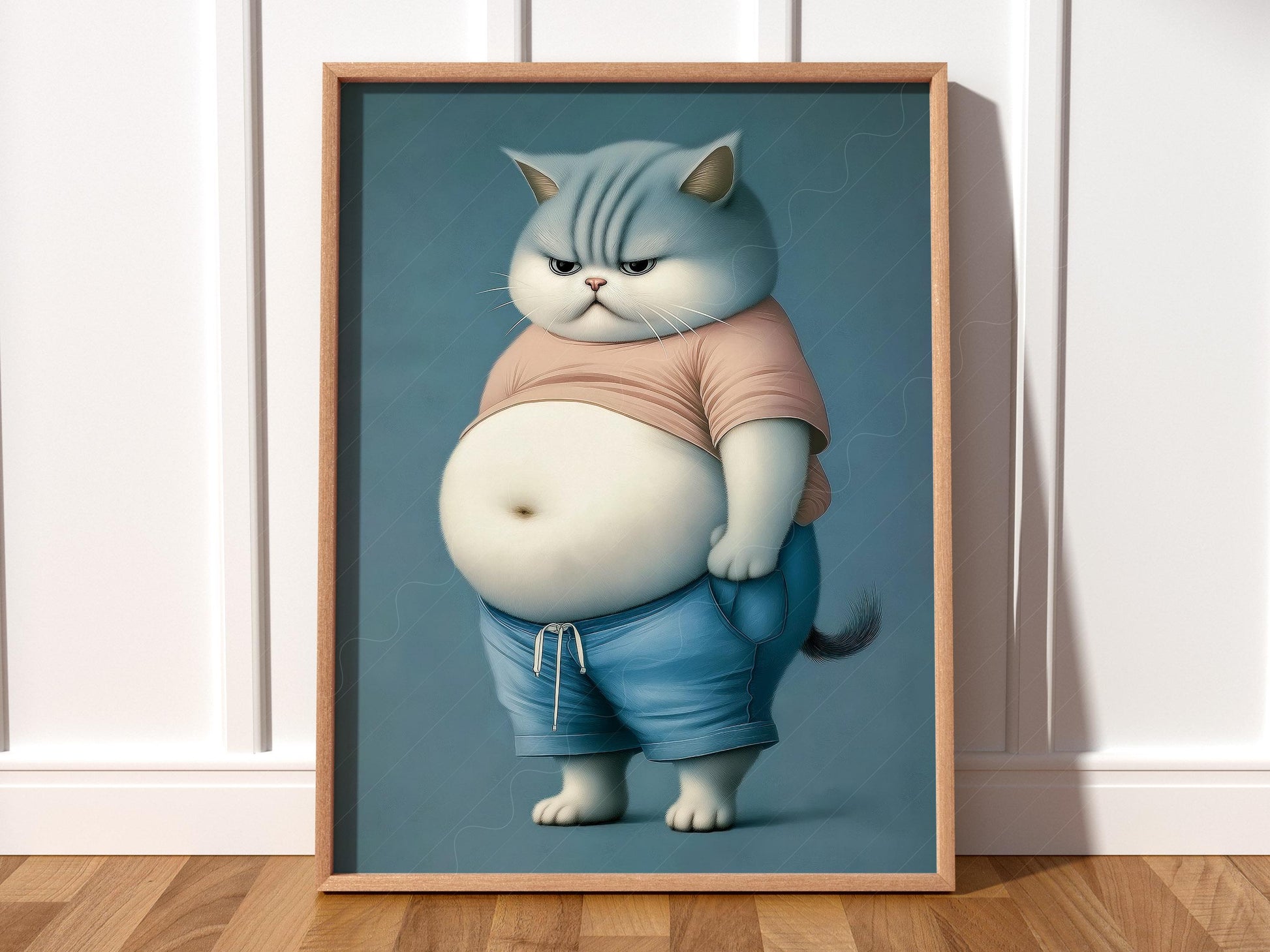 Grumpy chubby cat in pink crop top and blue shorts whimsical pet portrait wall art print.