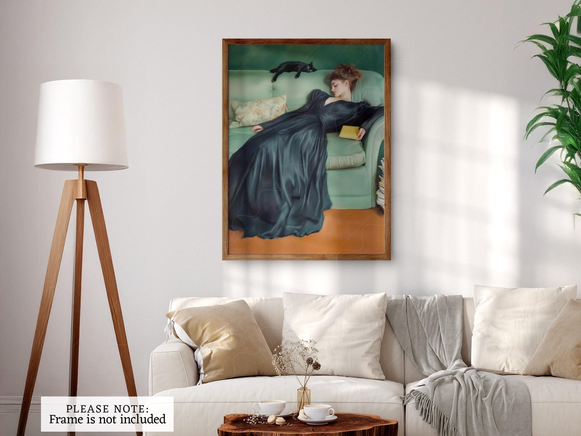 Art Nouveau Woman with Black Cat Print – Emerald Green – fine art print wall decor