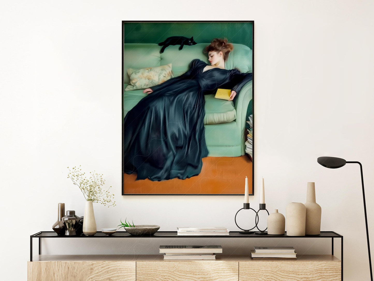 Art Nouveau Woman with Black Cat Print – Emerald Green – museum quality art print