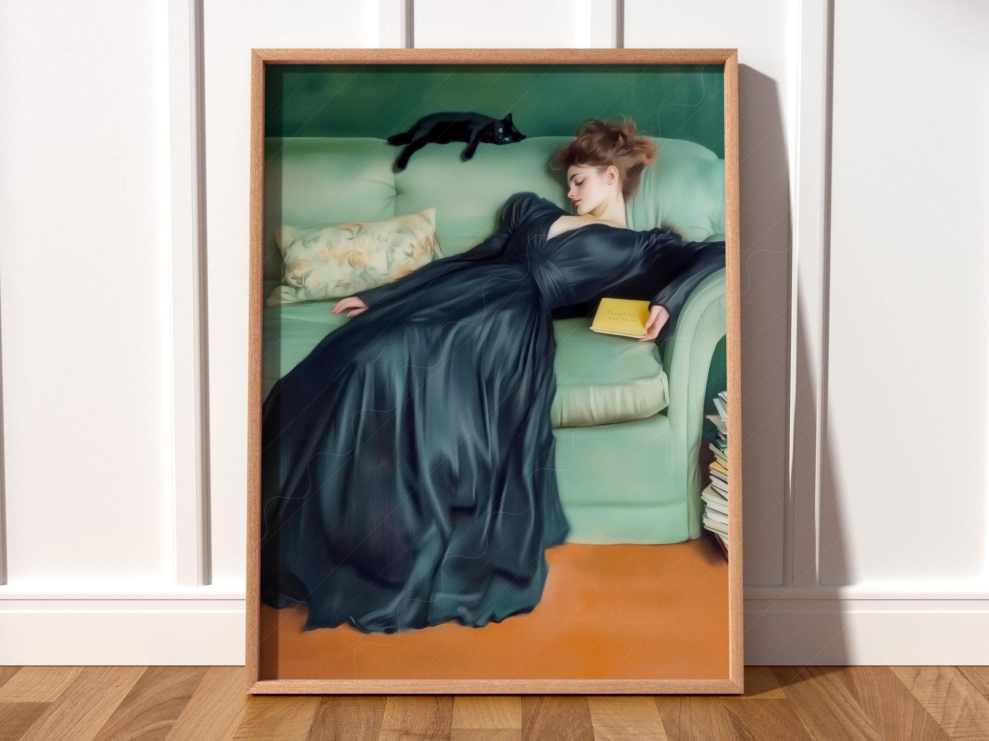 Art Nouveau Woman with Black Cat Print – Emerald Green – fine art wall poster