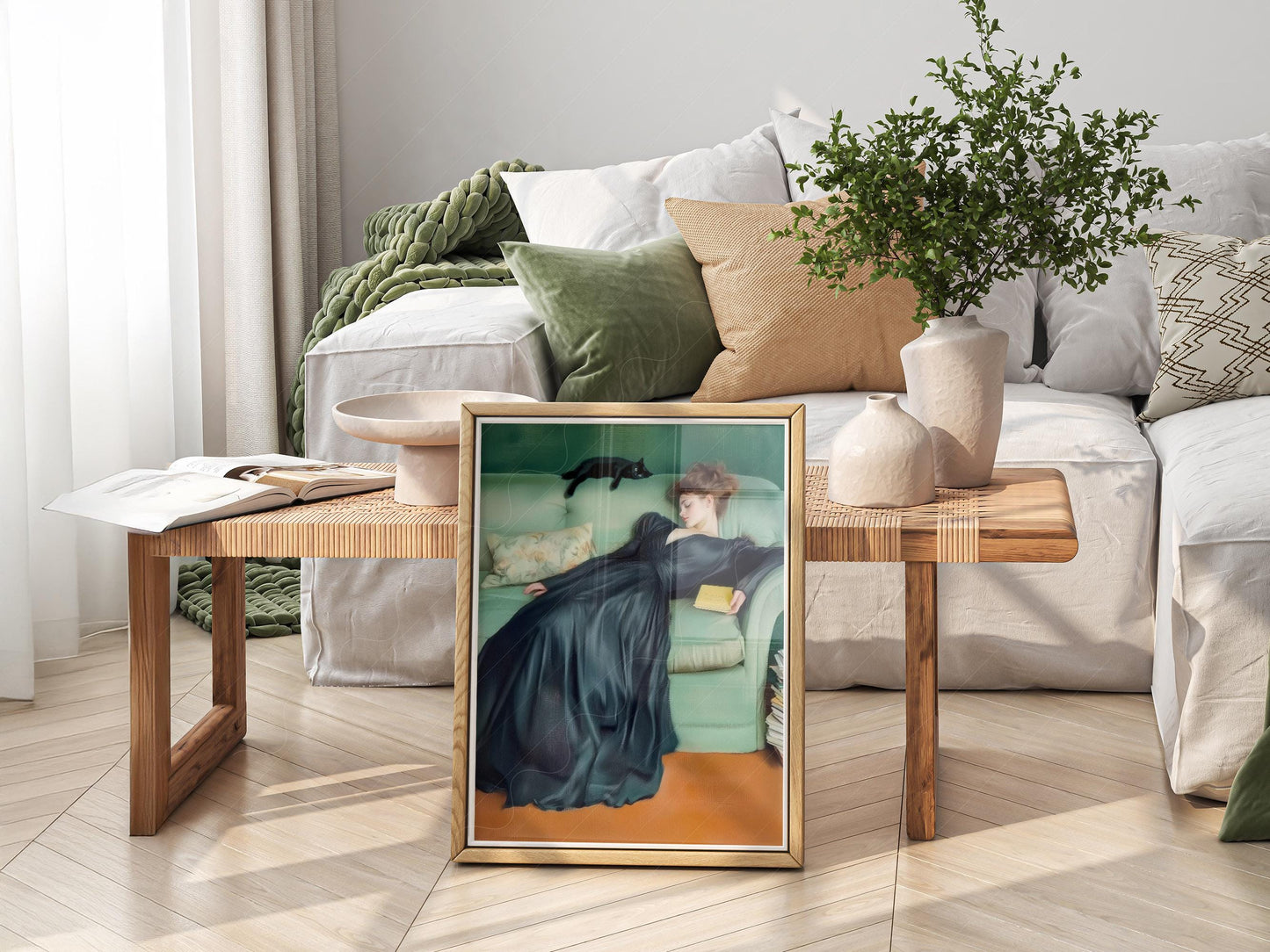 Art Nouveau Woman with Black Cat Print – Emerald Green – art poster for living room