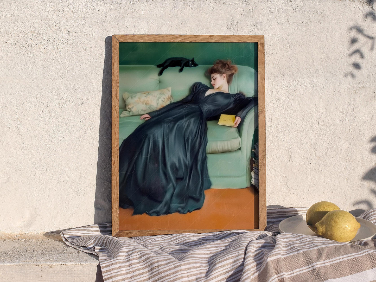 Art Nouveau Woman with Black Cat Print – Emerald Green – classic art print reproduction