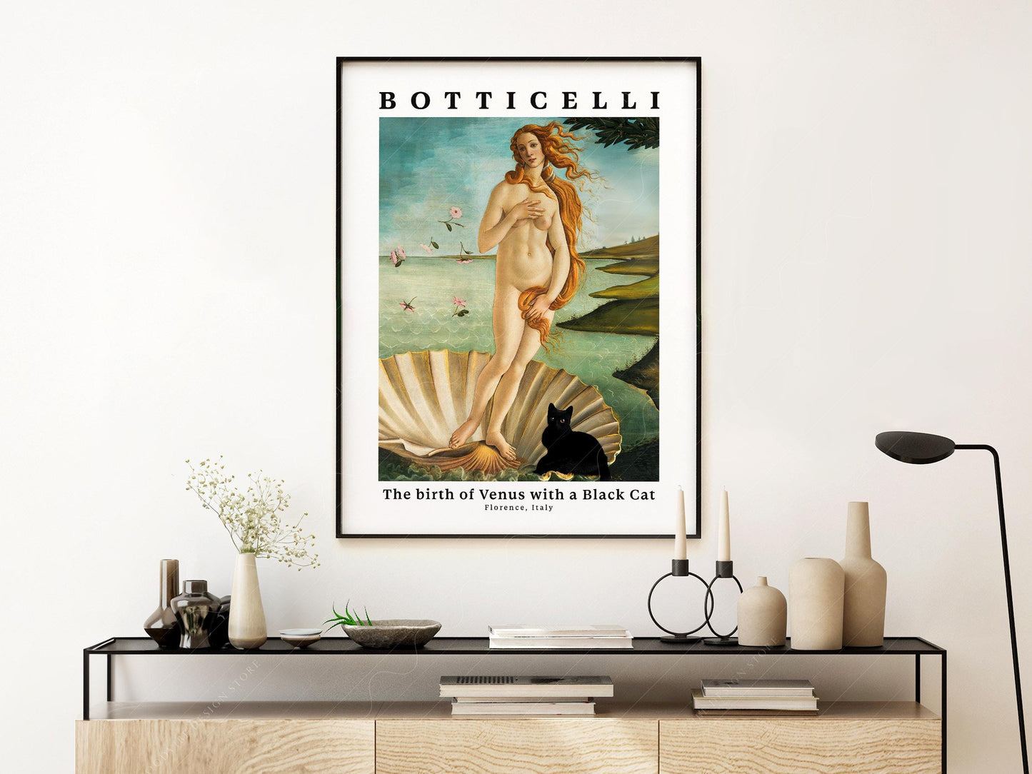 Botticelli Birth of Venus Black Cat Print – Funny Cat – gallery wall art poster
