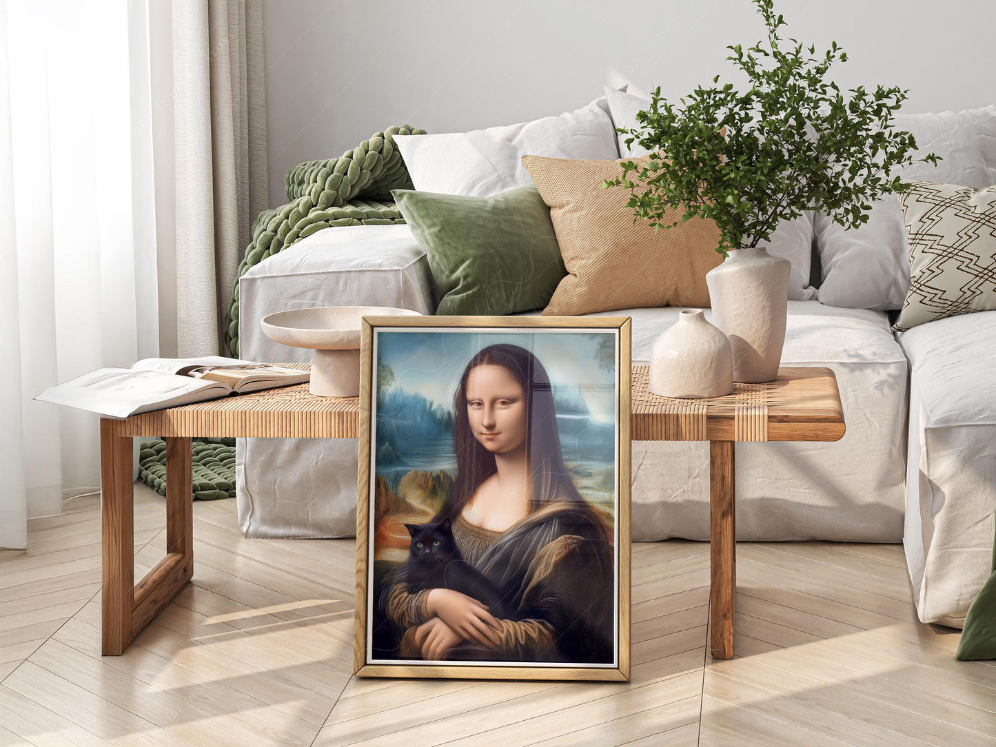 Mona Lisa with Black Cat Art Print – Funny Renaissance – art poster for living room