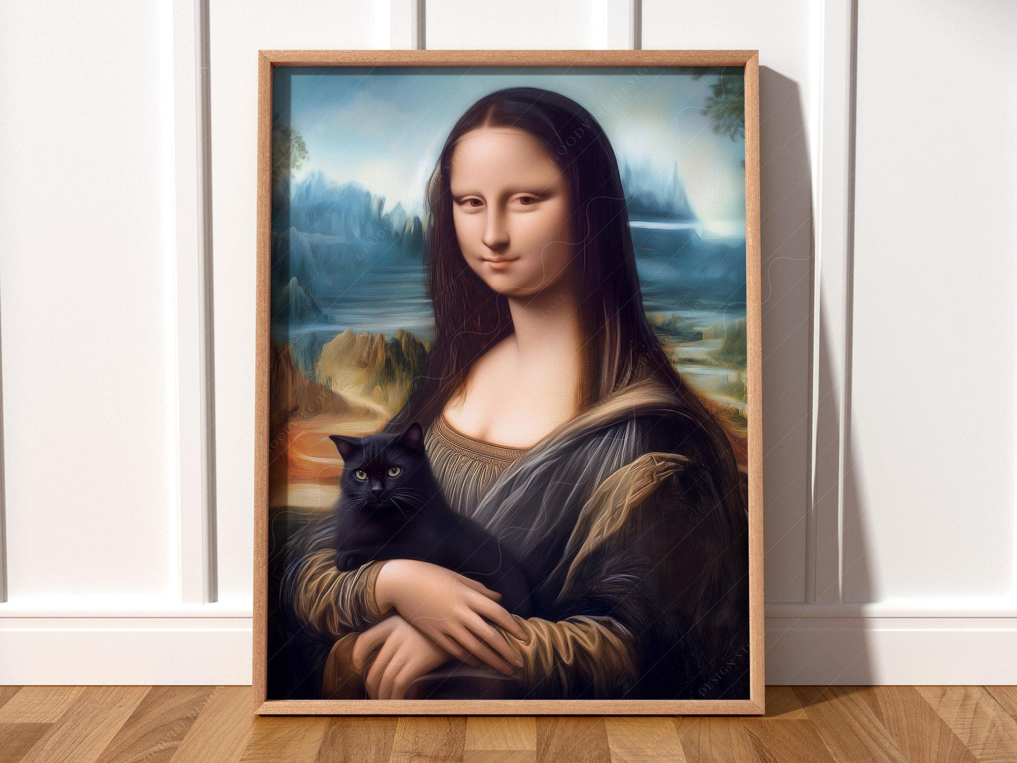 Mona Lisa holding a black cat art print, a playful twist on the classic Renaissance wall art.