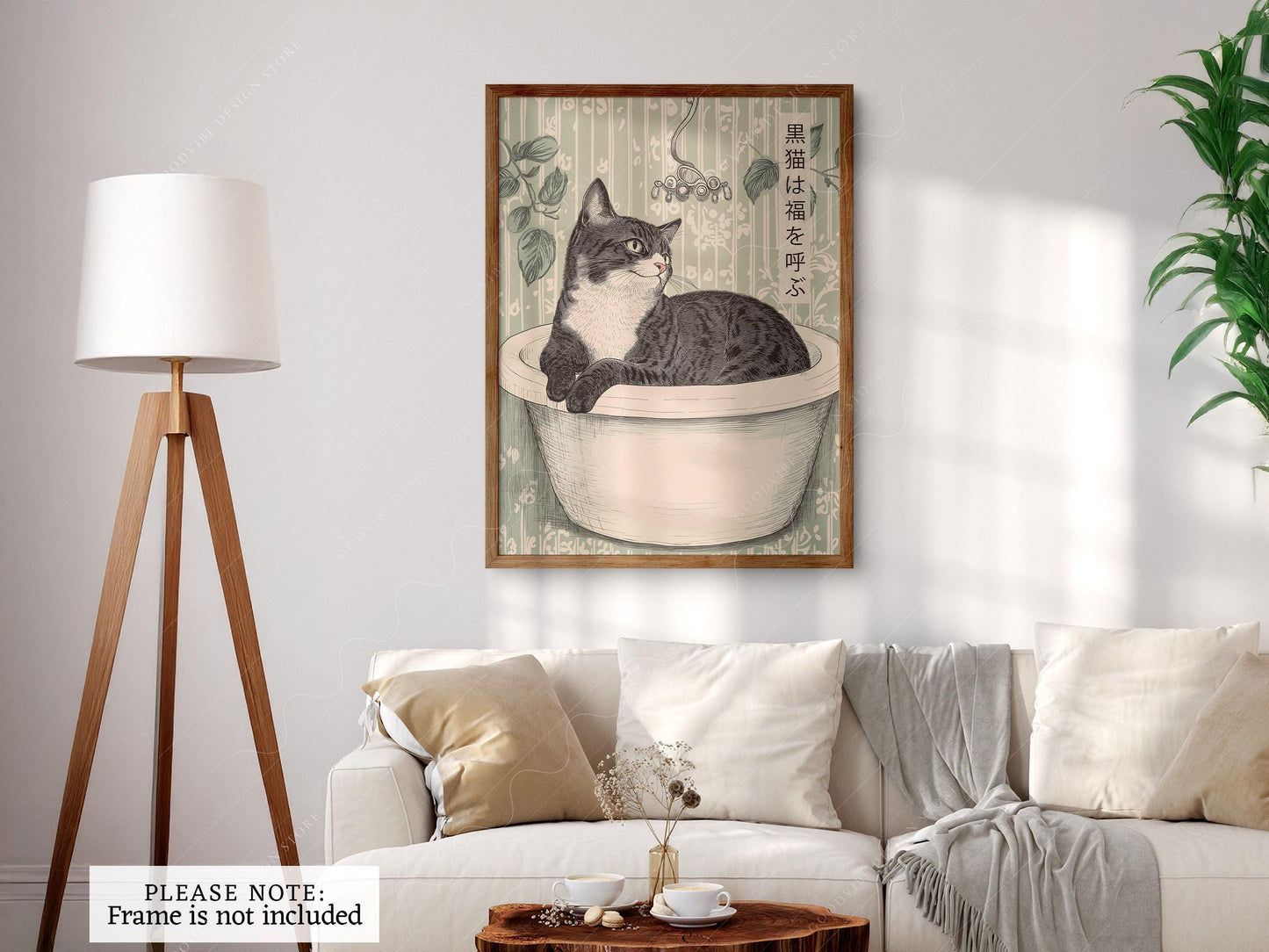 Japanese Cat in Bathtub Art Print – Japandi Bathroom – fine art print wall decor