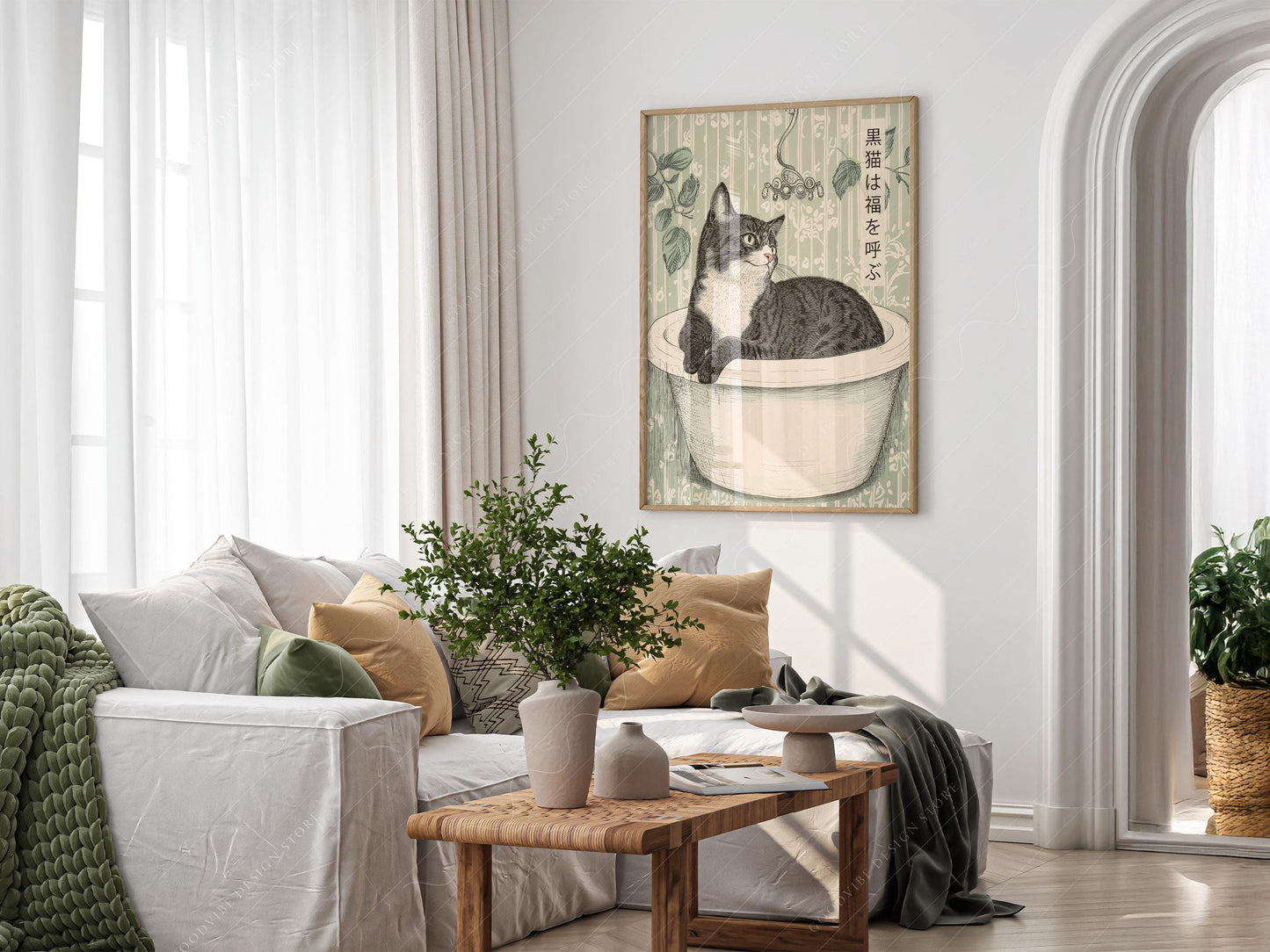 Japanese Cat in Bathtub Art Print – Japandi Bathroom – archival paper art print