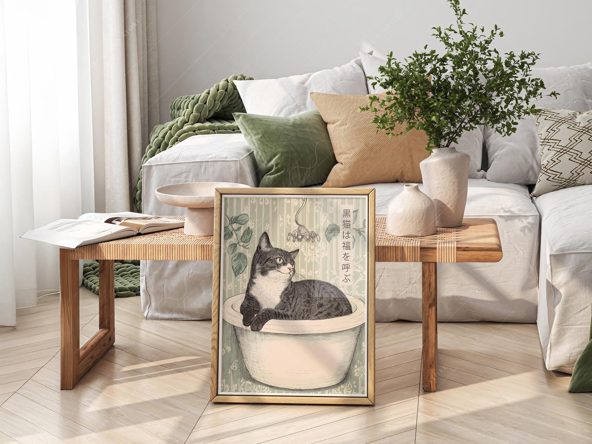 Japanese Cat in Bathtub Art Print – Japandi Bathroom – art poster for living room