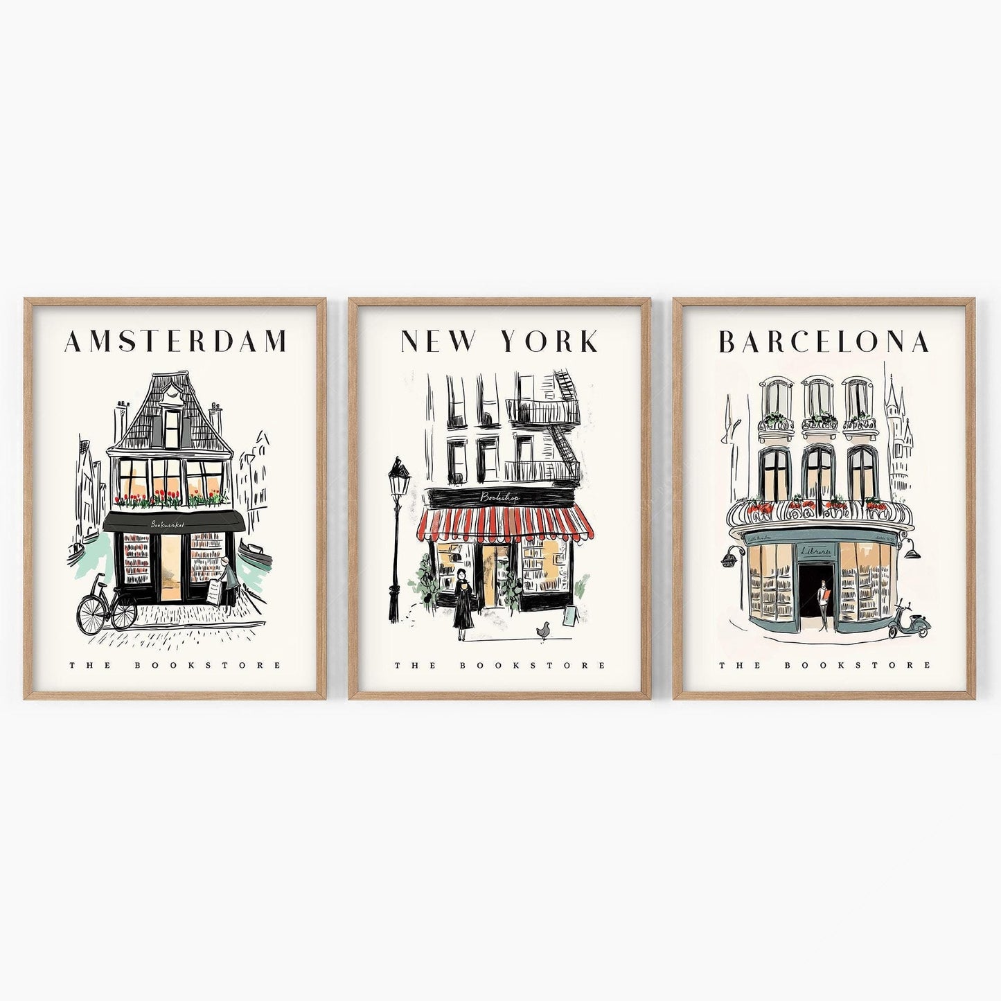 Bookstore Art Print Set – NYC Barcelona Amsterdam – archival paper art print