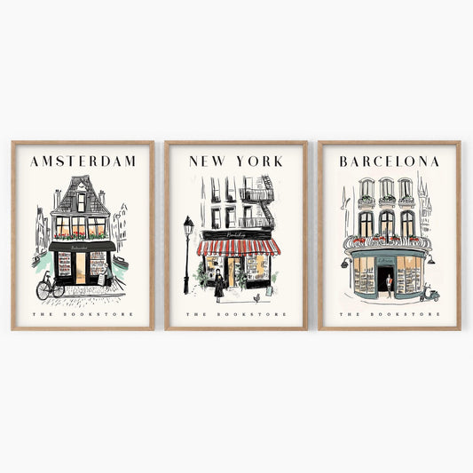Bookstore Art Print Set – NYC Barcelona Amsterdam – archival paper art print
