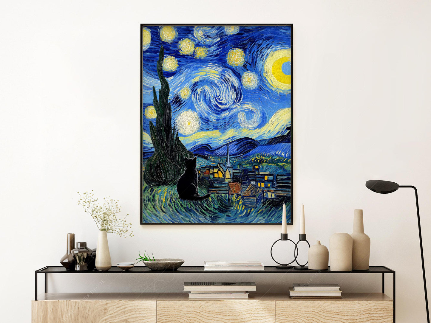 Van Gogh Starry Night with Black Cat Print – Funny Cat – gallery wall art poster