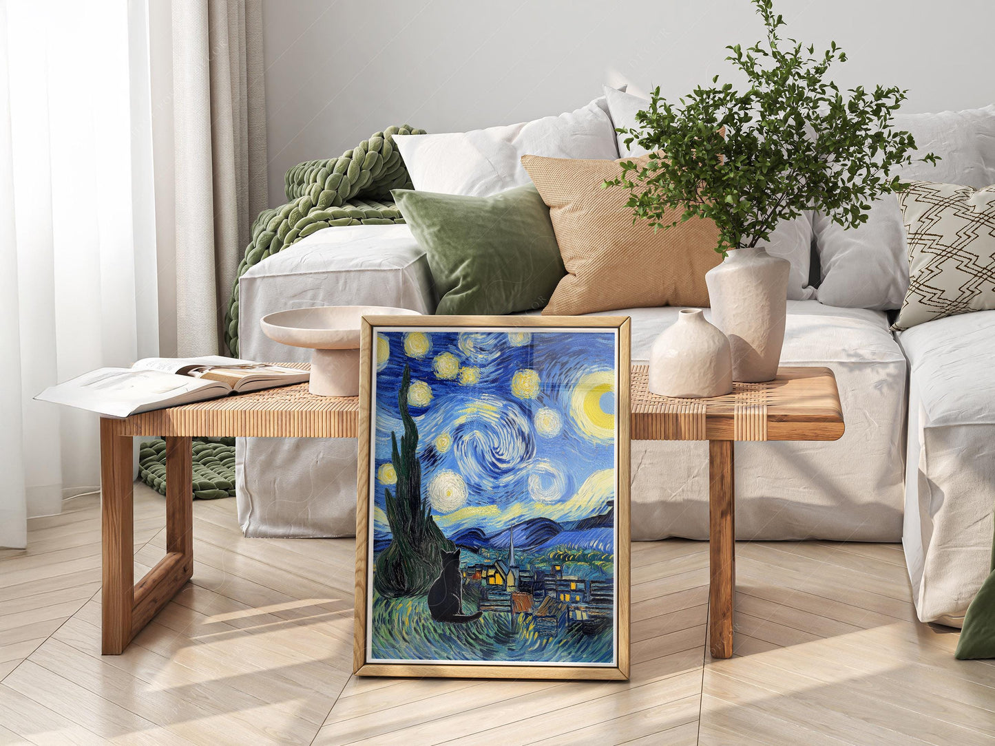 Van Gogh Starry Night with Black Cat Print – Funny Cat – fine art wall poster