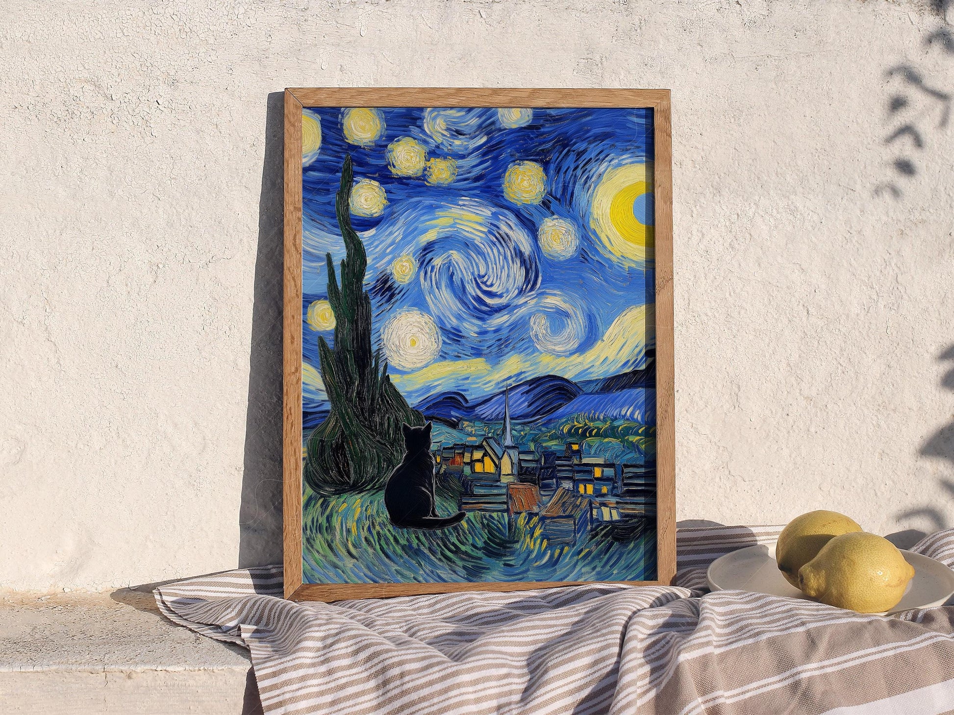 Van Gogh Starry Night with Black Cat Print – Funny Cat – archival paper art print