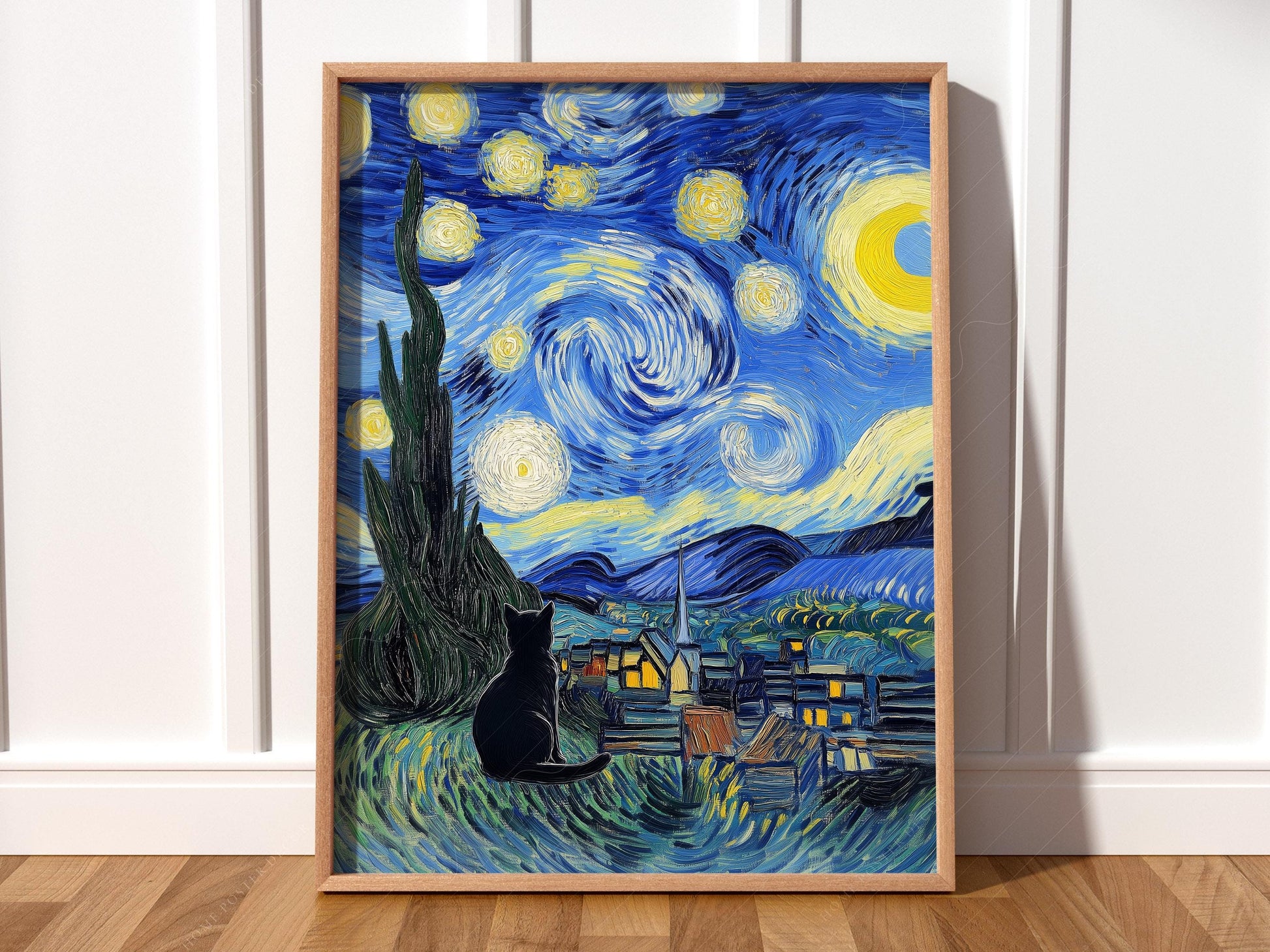 Van Gogh Starry Night art print featuring a black cat silhouette gazing at the swirling night sky wall art.