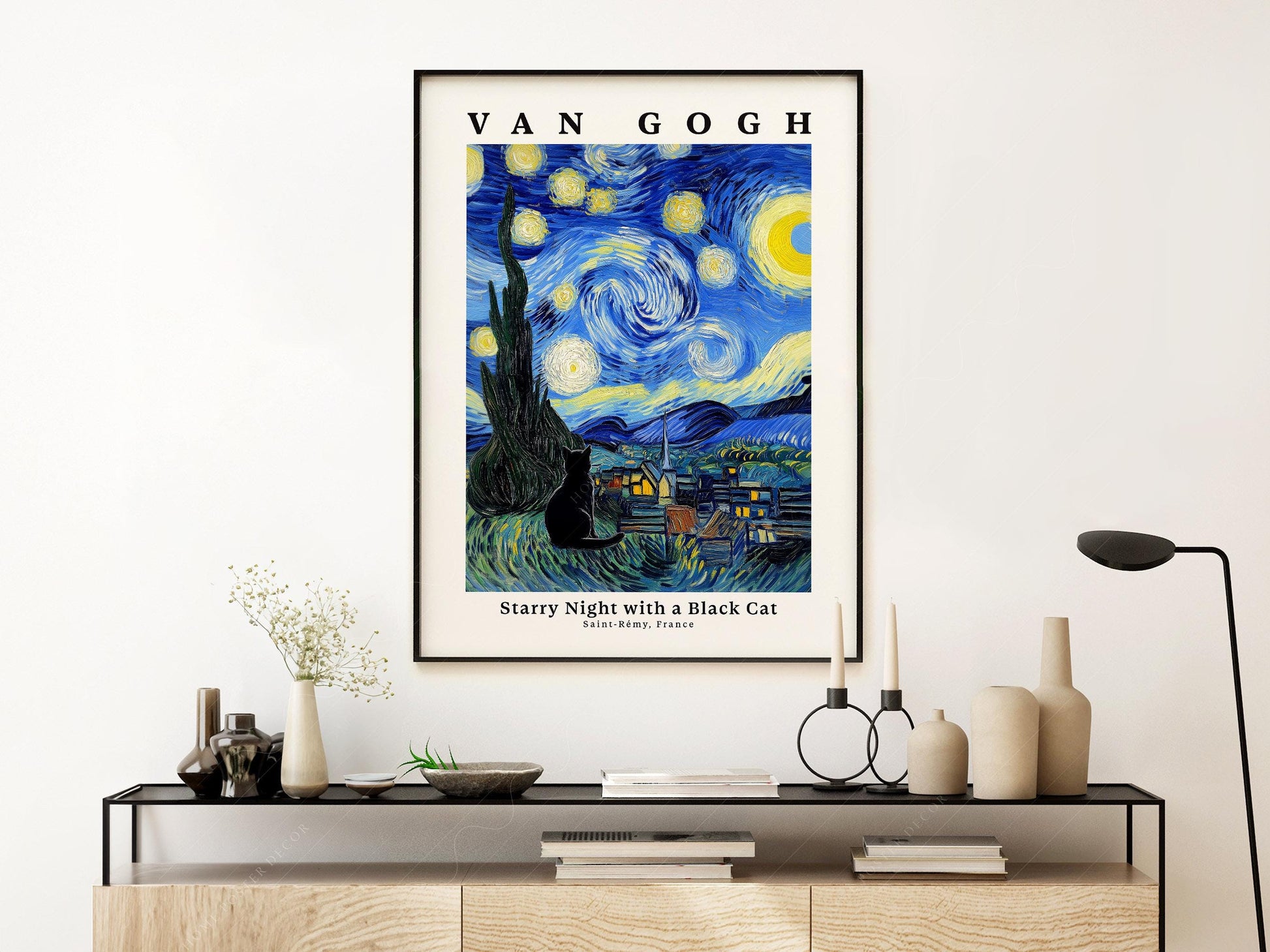 Van Gogh Starry Night with Black Cat Print – Funny Cat – gallery wall art poster
