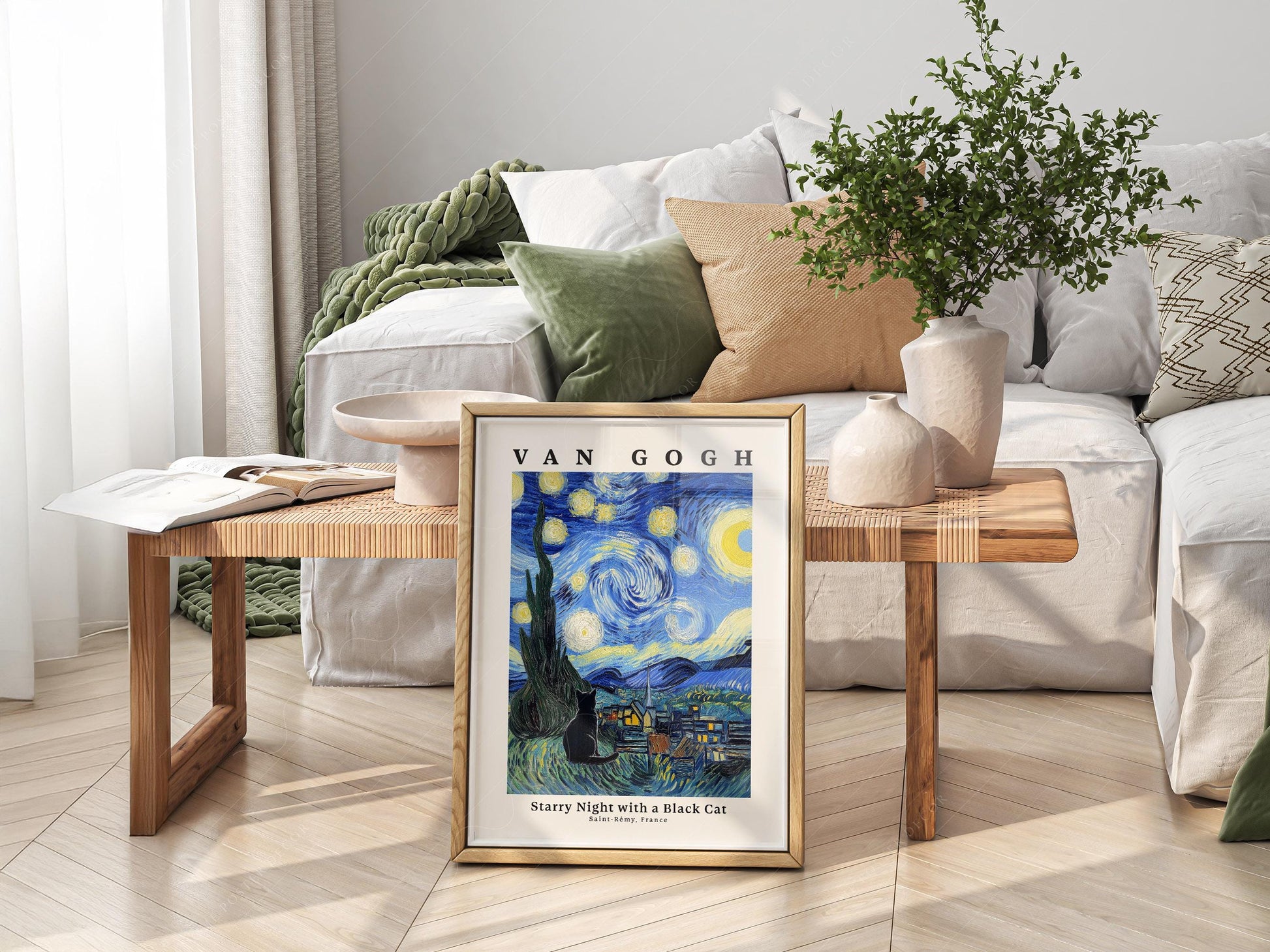 Van Gogh Starry Night with Black Cat Print – Funny Cat – art poster for living room