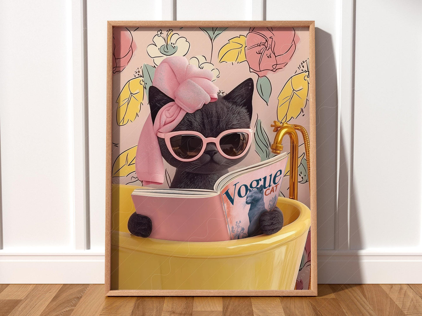 Funny black cat wearing pink sunglasses reading a magazine in a yellow bathtub wall art print.