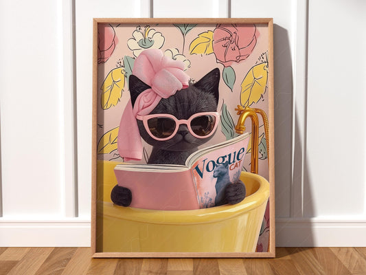 Funny black cat wearing pink sunglasses reading a magazine in a yellow bathtub wall art print.