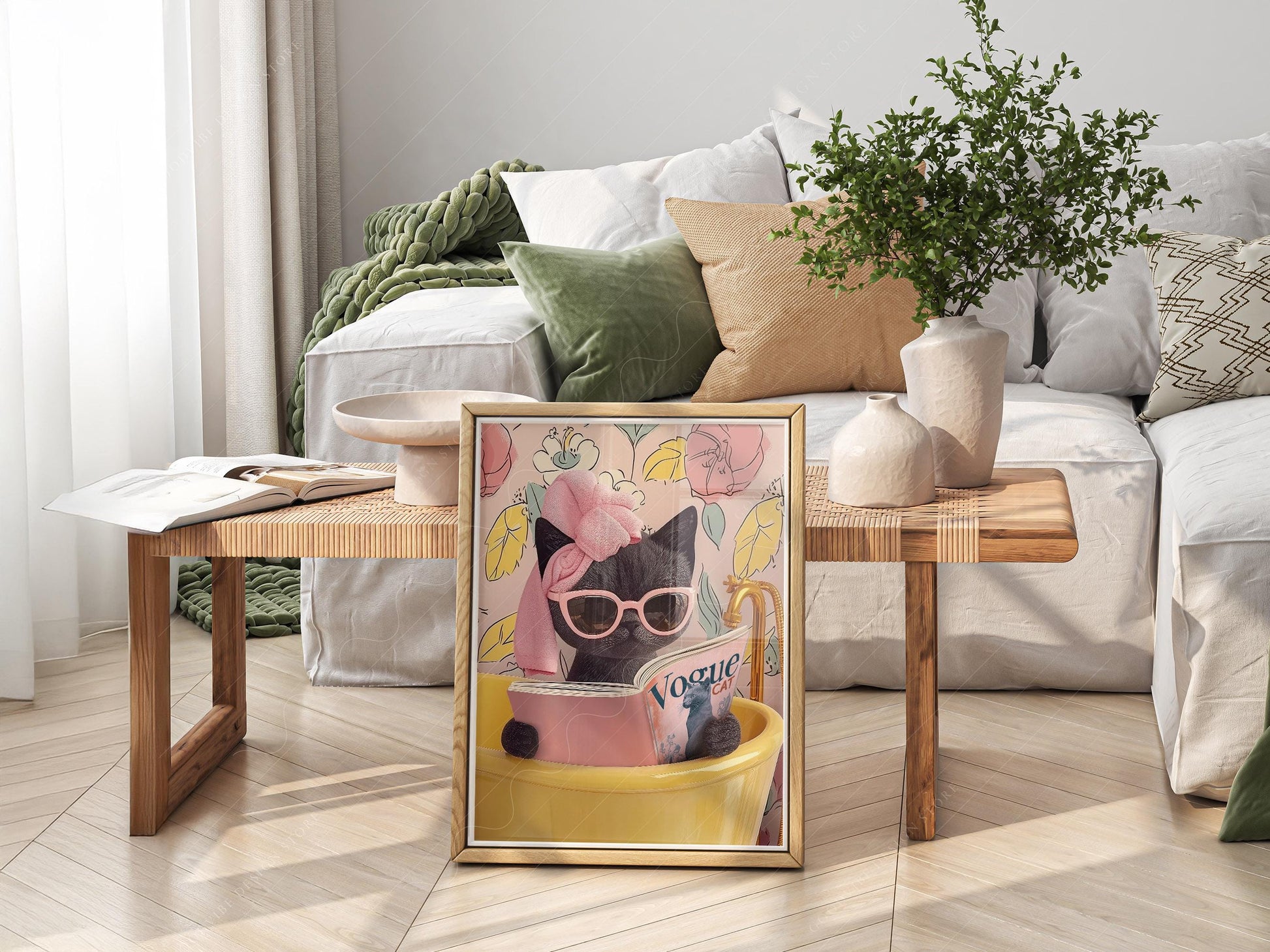 Funny Black Cat Bathroom Print – Cat Reading Magazine – art poster for living room