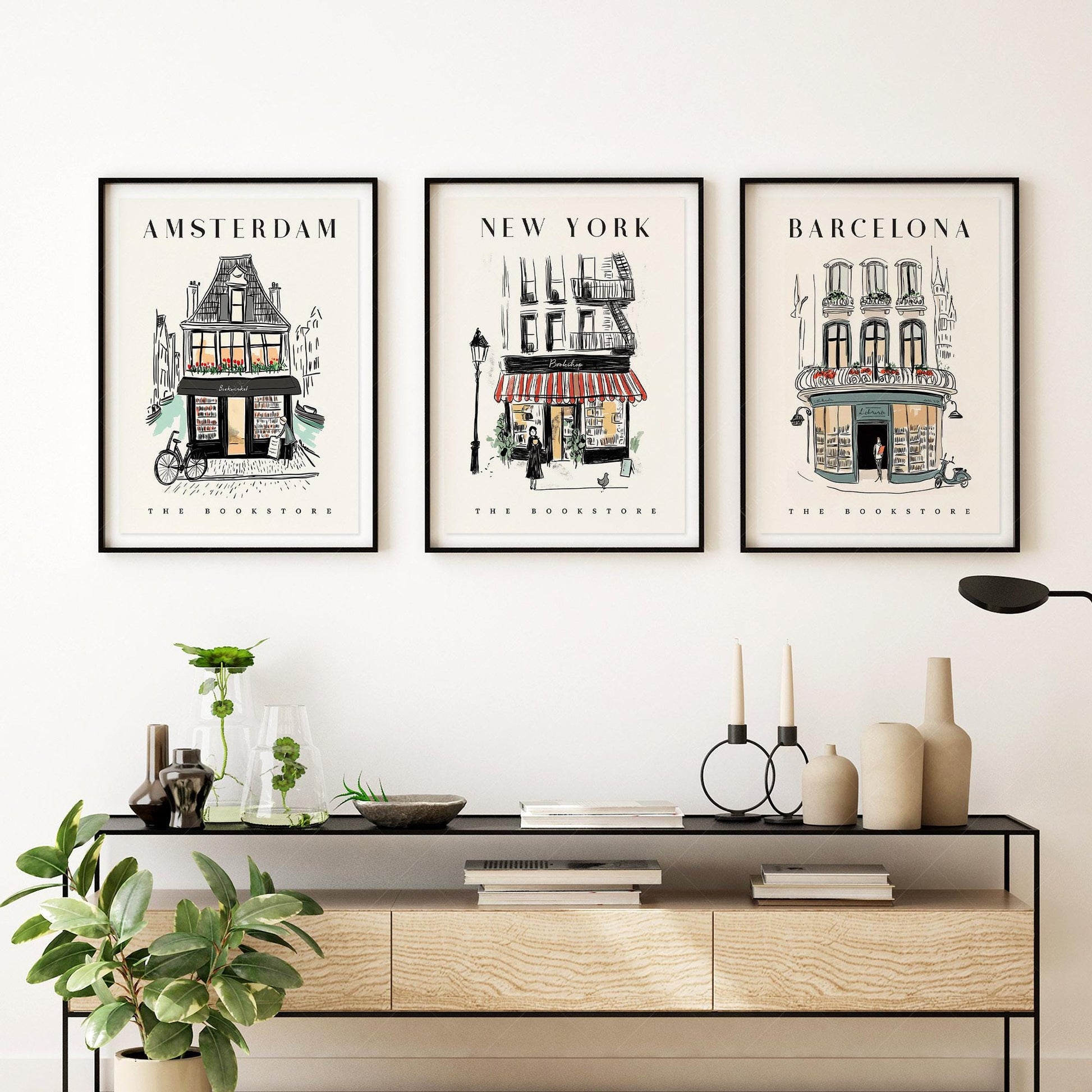 Bookstore Art Print Set – NYC Barcelona Amsterdam – art poster for living room