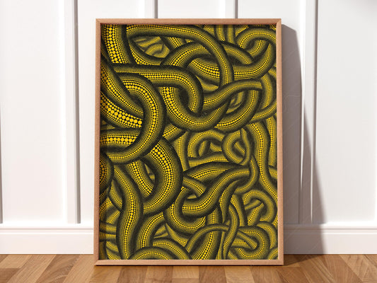 Yayoi Kusama Snakes art print featuring yellow polka dot serpentine patterns on black background wall art