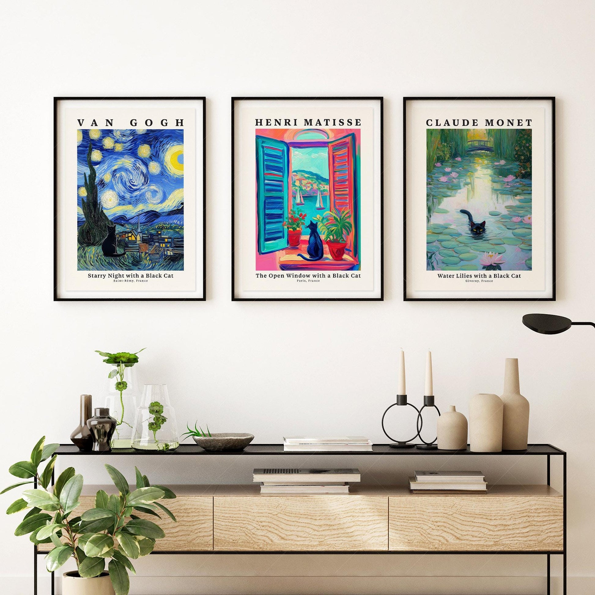 Black Cat Art Print Set – Van Gogh Matisse Monet – classic art print reproduction