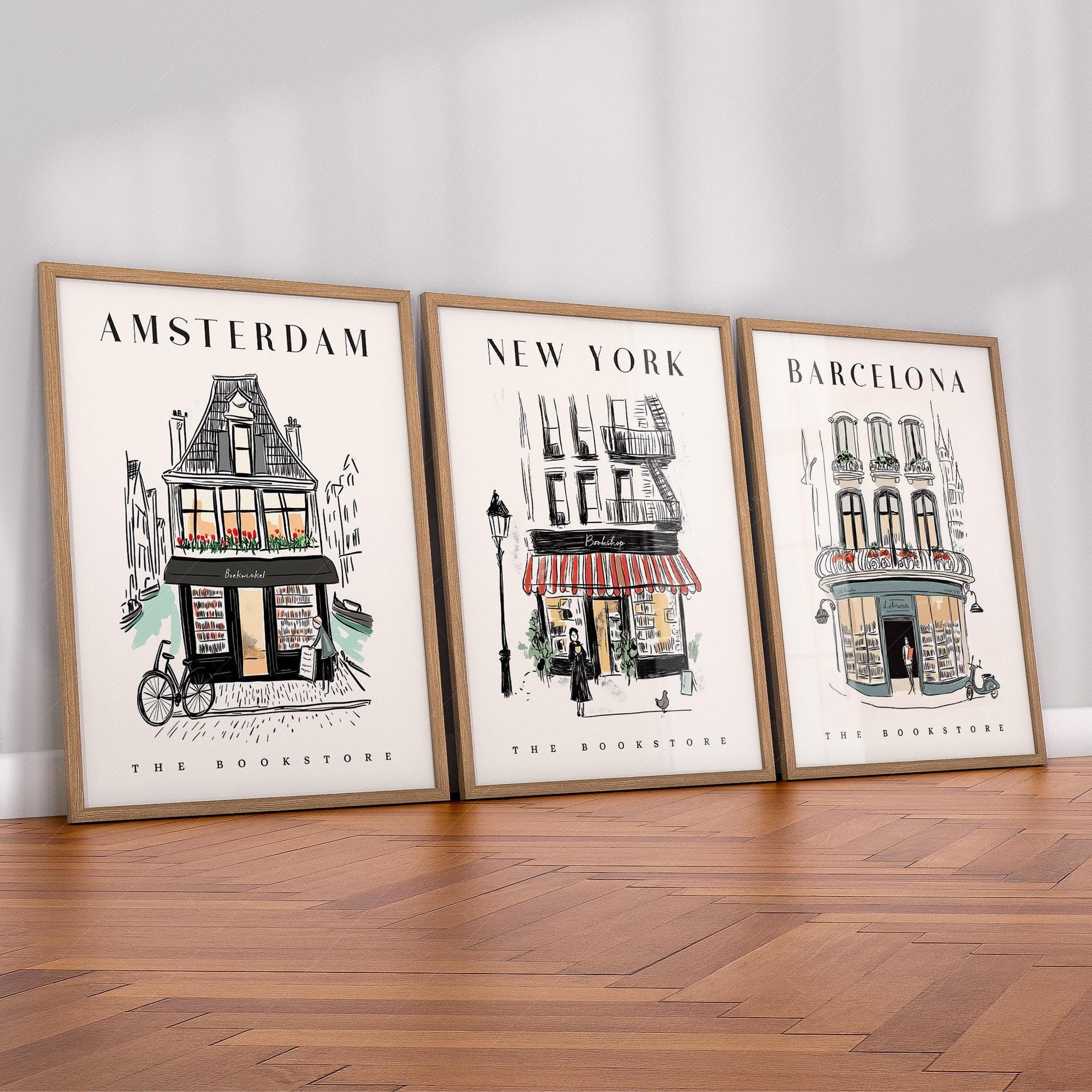 Bookstore Art Print Set – NYC Barcelona Amsterdam – museum quality art print