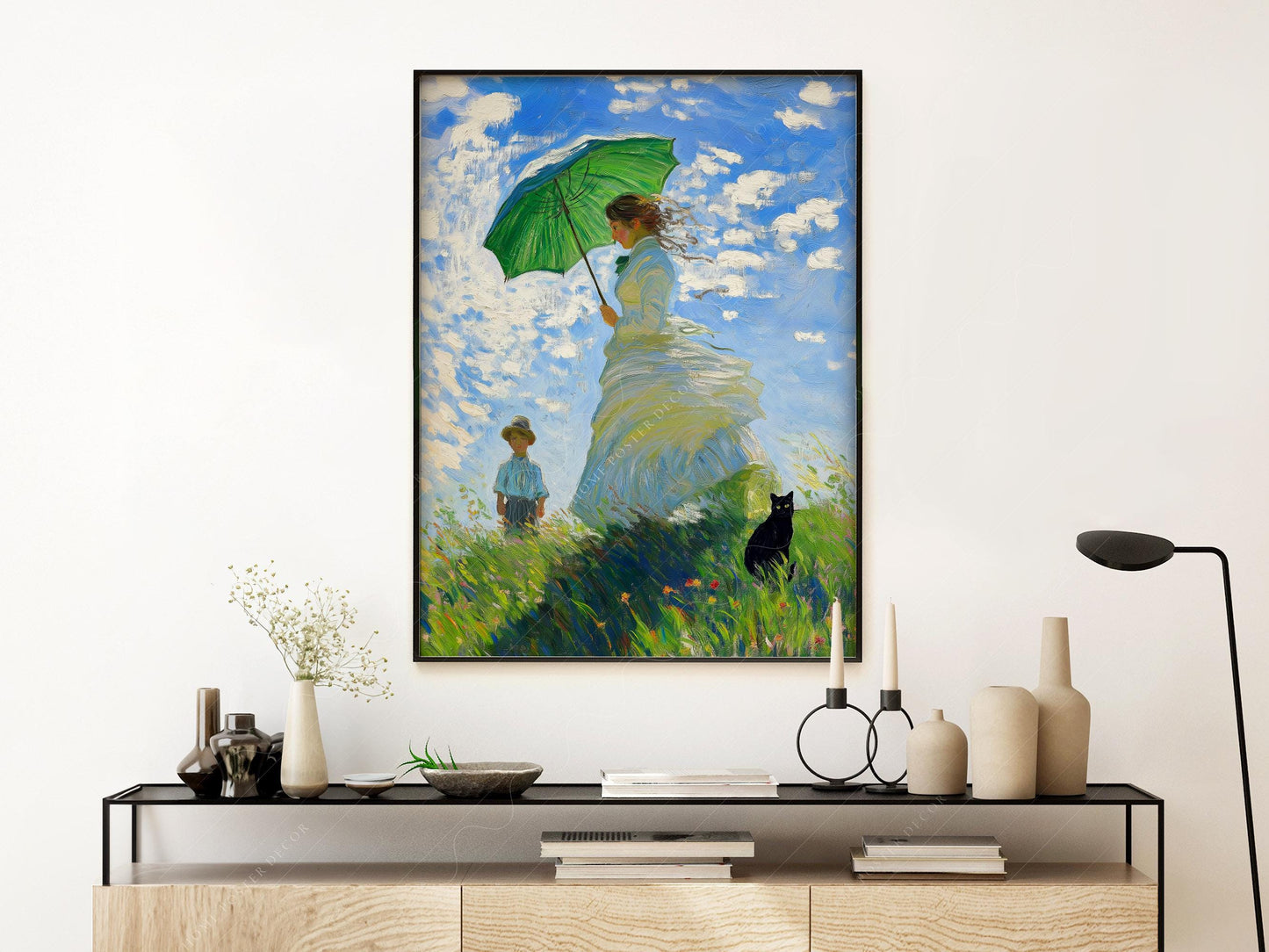 Monet Woman with Parasol Black Cat Art Print – Funny – museum quality art print
