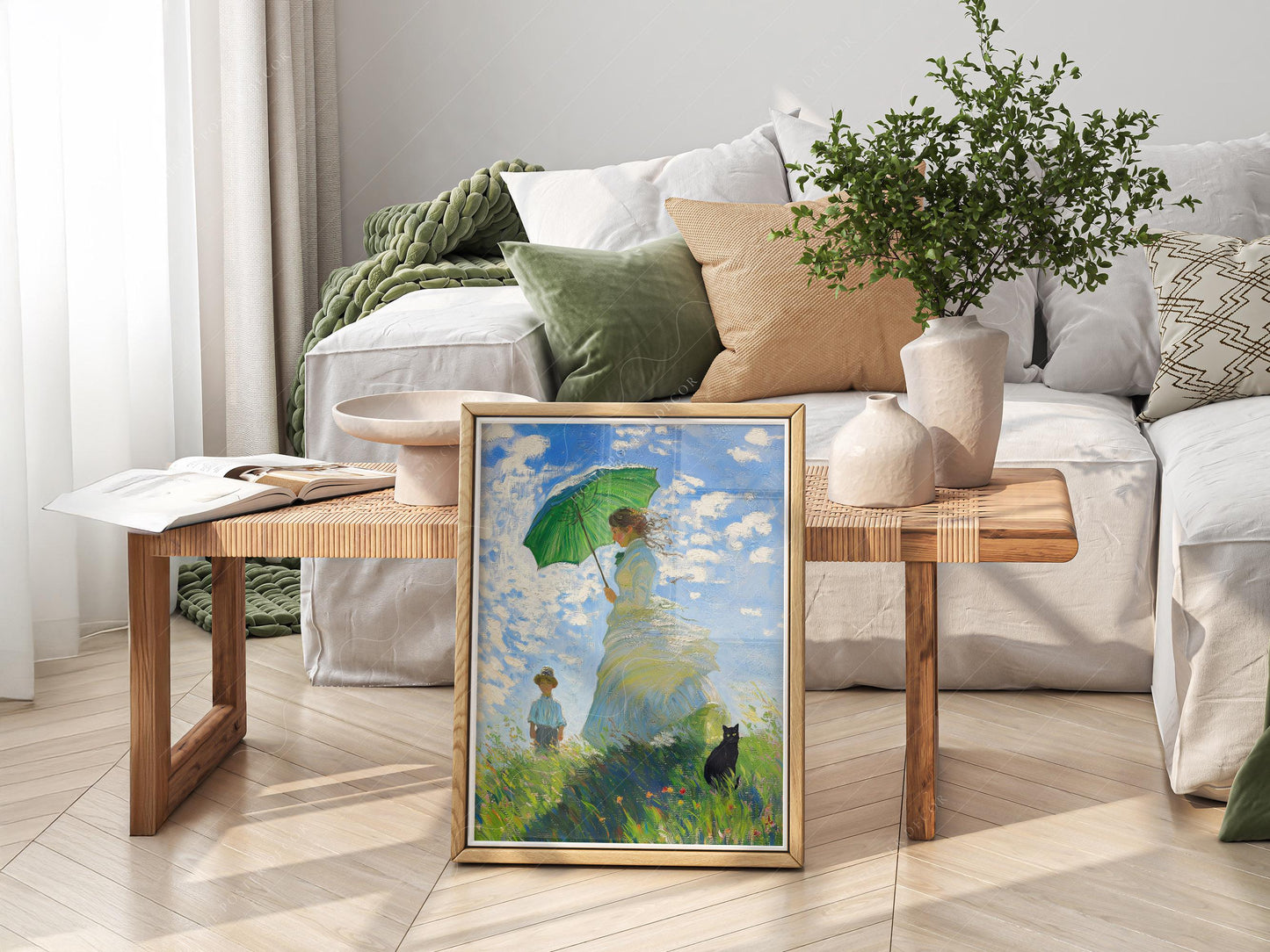 Monet Woman with Parasol Black Cat Art Print – Funny – art poster for living room