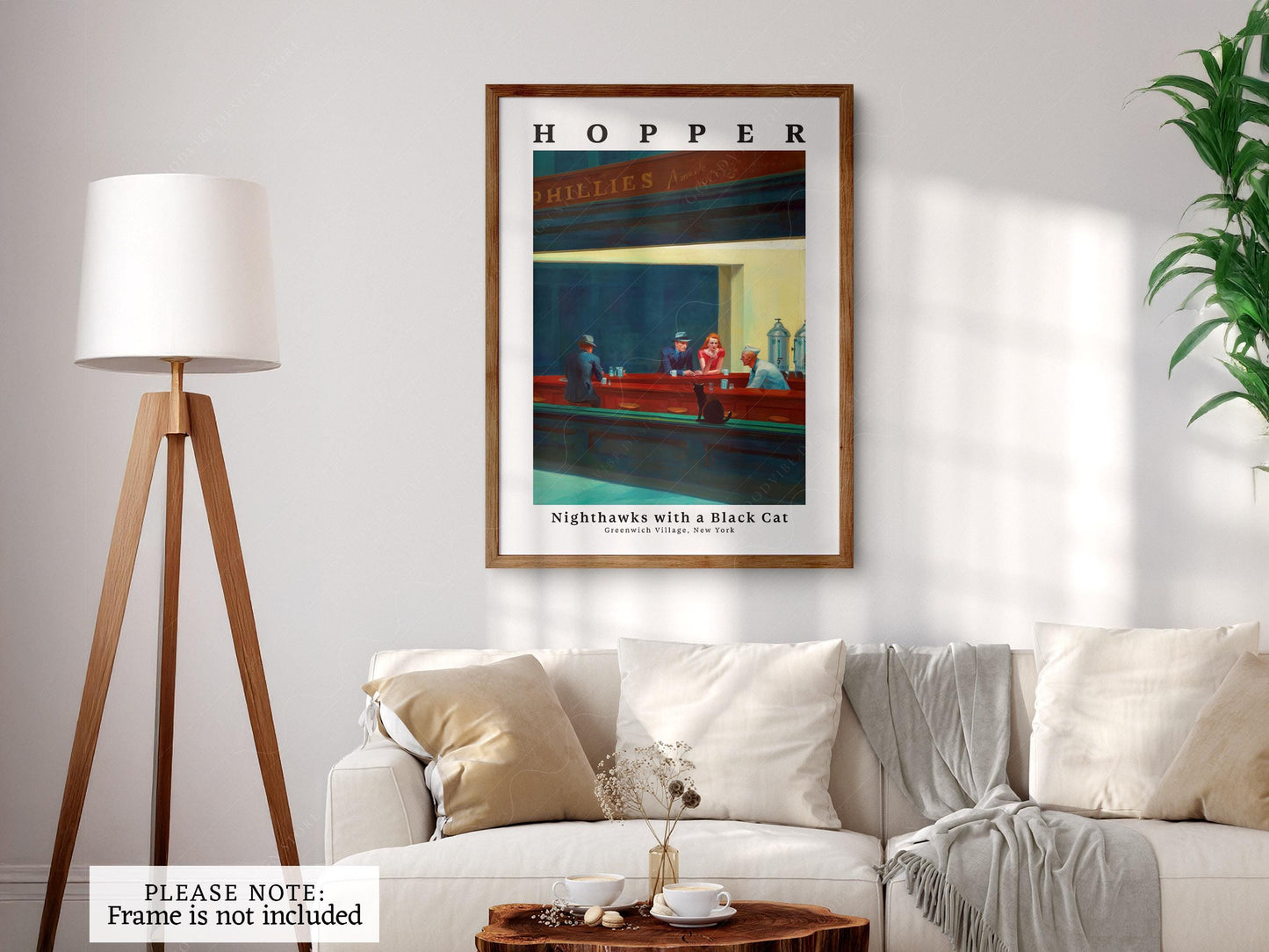 Edward Hopper Nighthawks with Black Cat Print – Funny – fine art wall poster