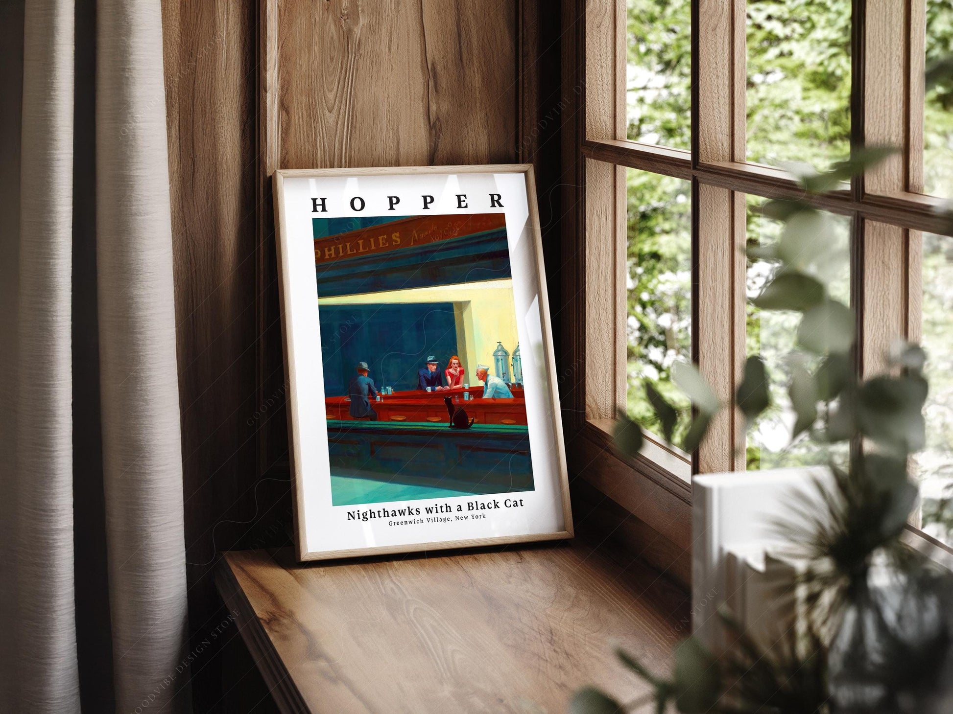 Edward Hopper Nighthawks with Black Cat Print – Funny – museum quality art print