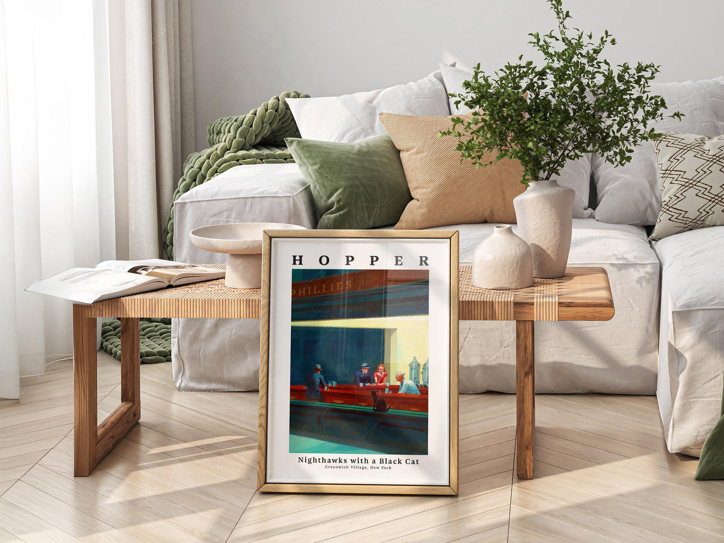 Edward Hopper Nighthawks with Black Cat Print – Funny – archival paper art print