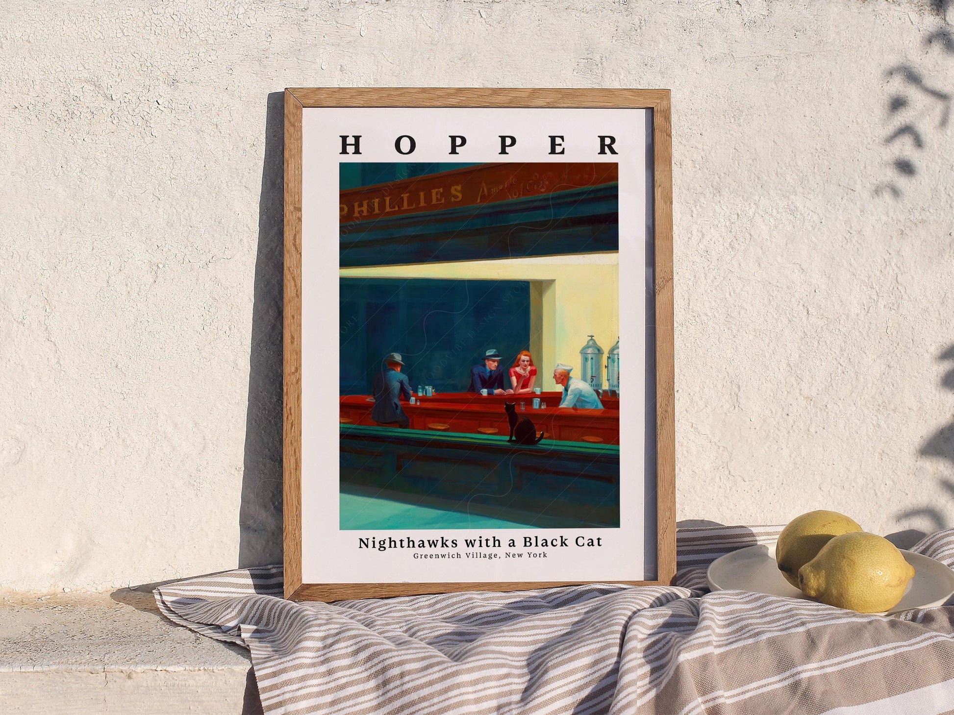 Edward Hopper Nighthawks with Black Cat Print – Funny – gallery wall art poster