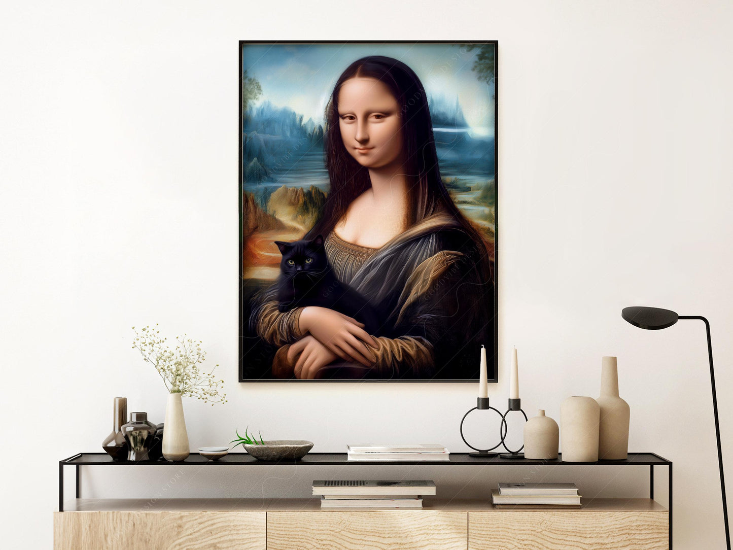 Mona Lisa with Black Cat Art Print – Funny Renaissance – museum quality art print
