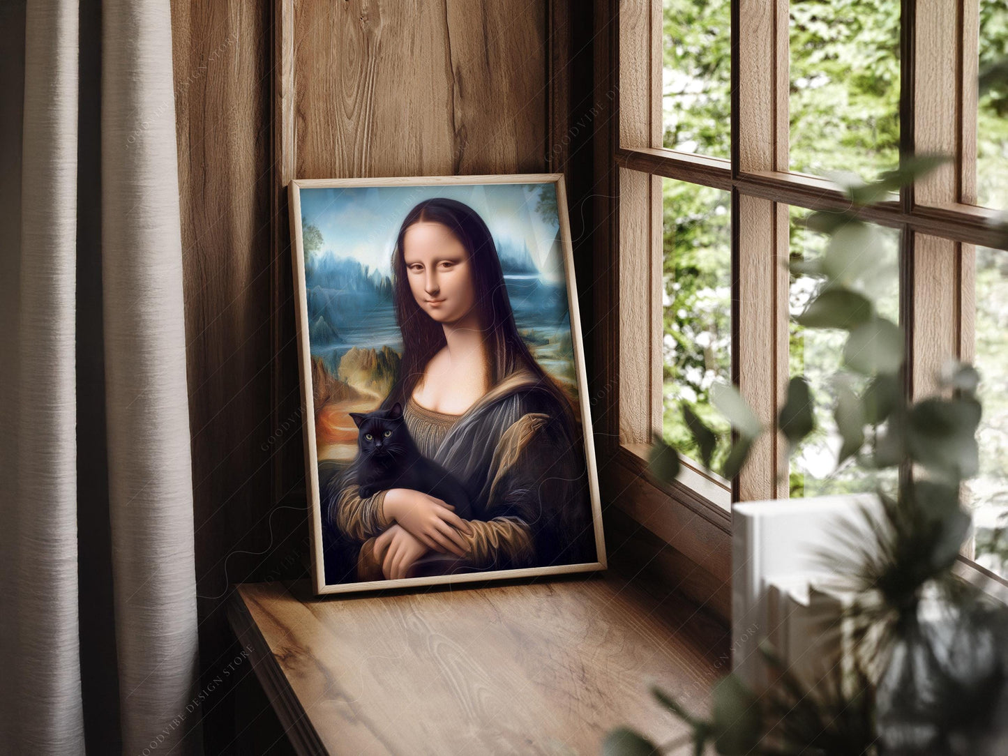 Mona Lisa with Black Cat Art Print – Funny Renaissance – gallery wall art poster