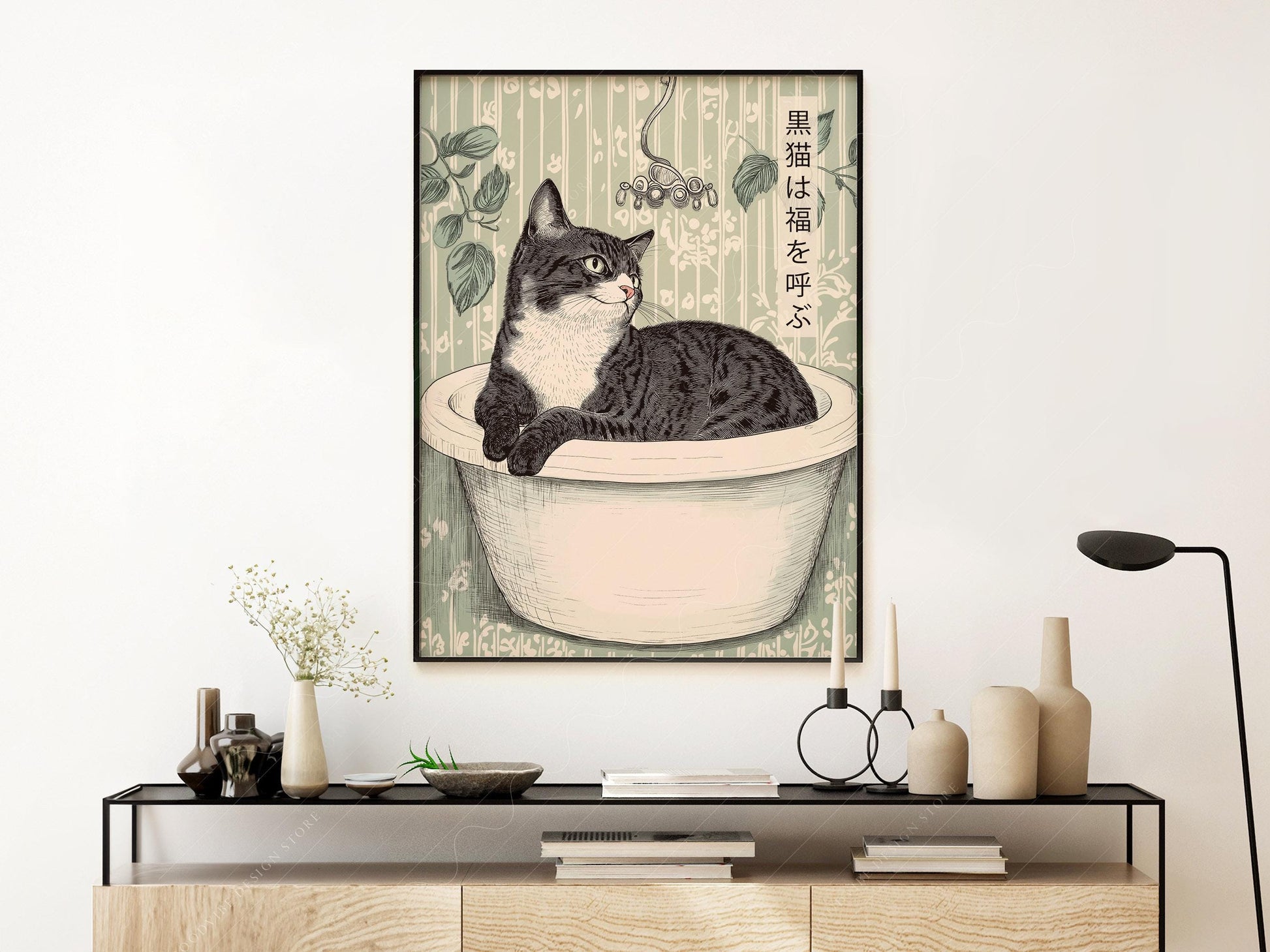 Japanese Cat in Bathtub Art Print – Japandi Bathroom – museum quality art print