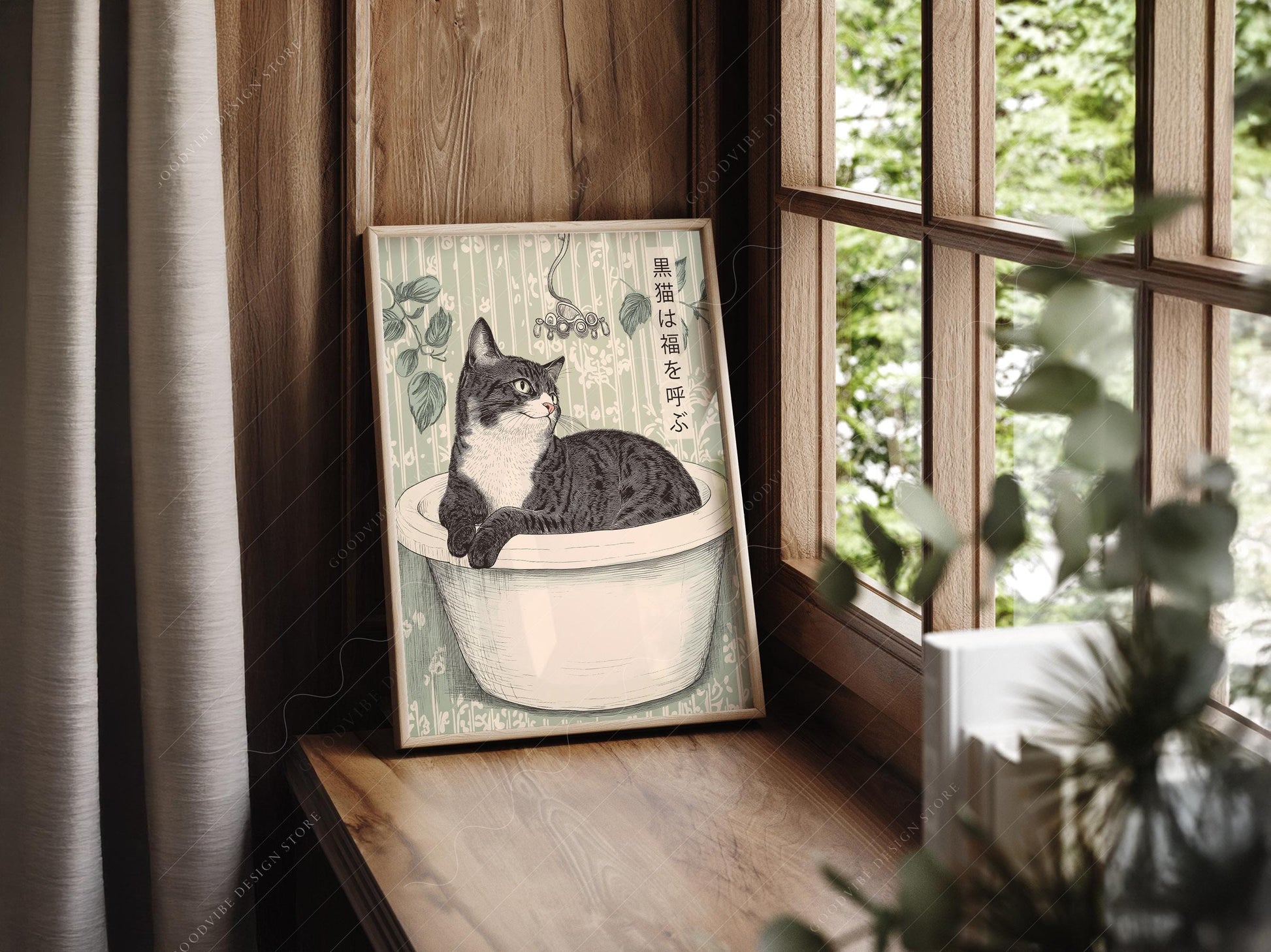 Japanese Cat in Bathtub Art Print – Japandi Bathroom – gallery wall art poster