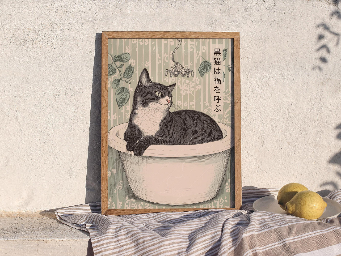 Japanese Cat in Bathtub Art Print – Japandi Bathroom – classic art print reproduction